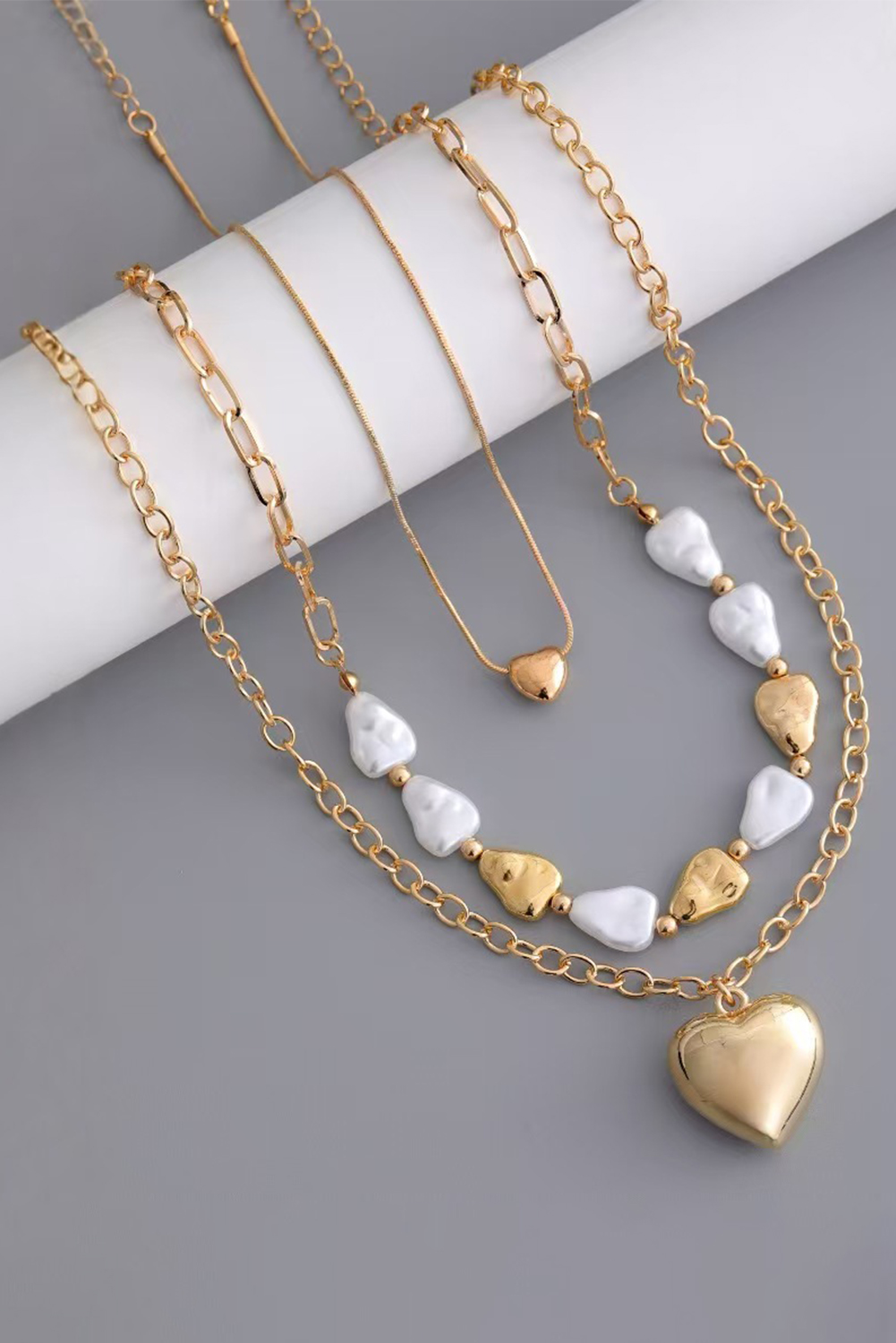 Gold Plated Layered Heart Pendant Irregular Pearl Layered Necklace - loveforevers