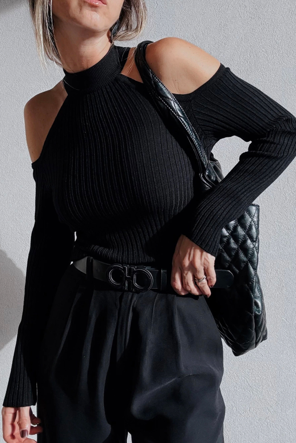 Black Ribbed Knit Cold Shoulder Choker Neck Sweater - loveforevers
