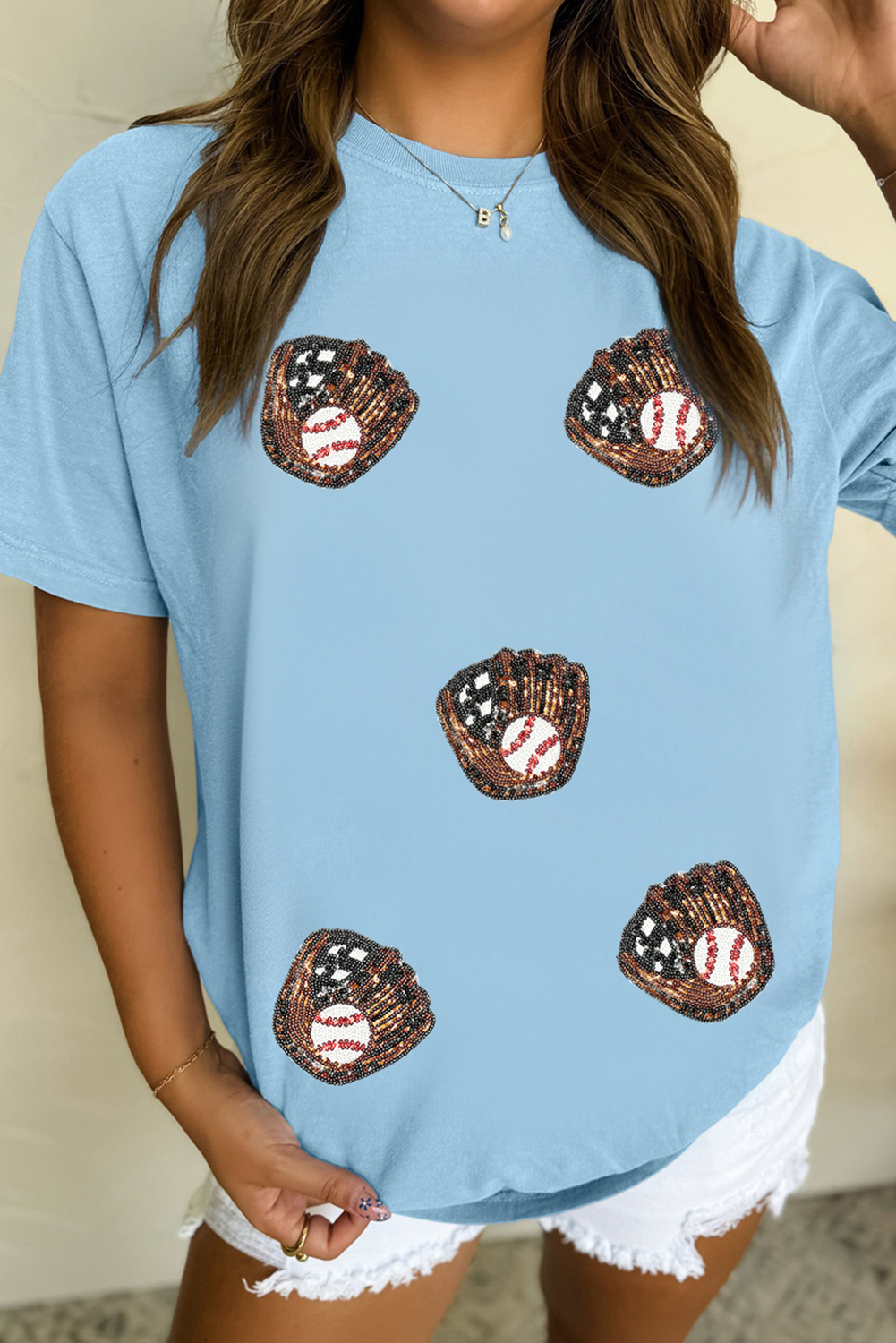 Light Blue Gopher Ball Sequin Patched Casual T Shirt - loveforevers