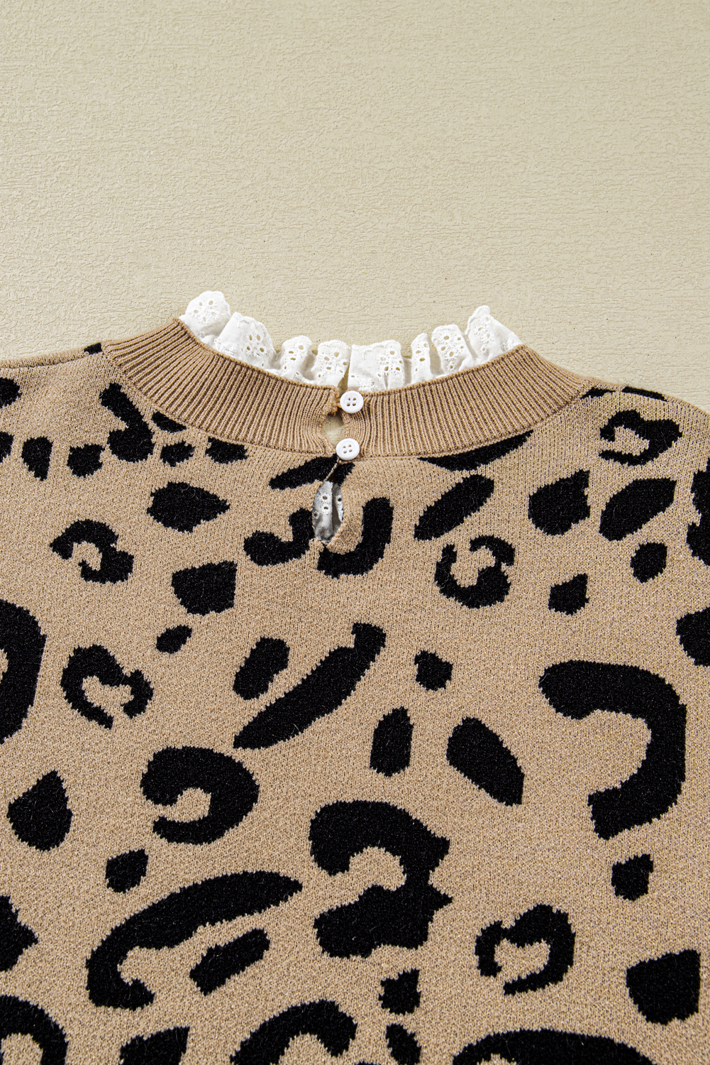 Dearlovers Brown Leopard Pattern Lace Ribbed Detail Button Cuffed Sweater - loveforevers