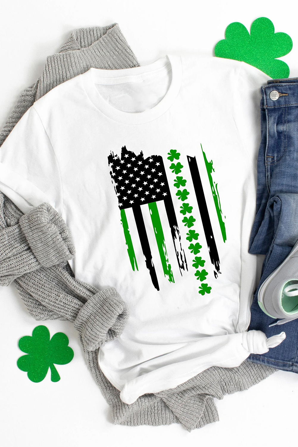 Black St. Patricks Lucky Clover Print O Neck T Shirt - loveforevers