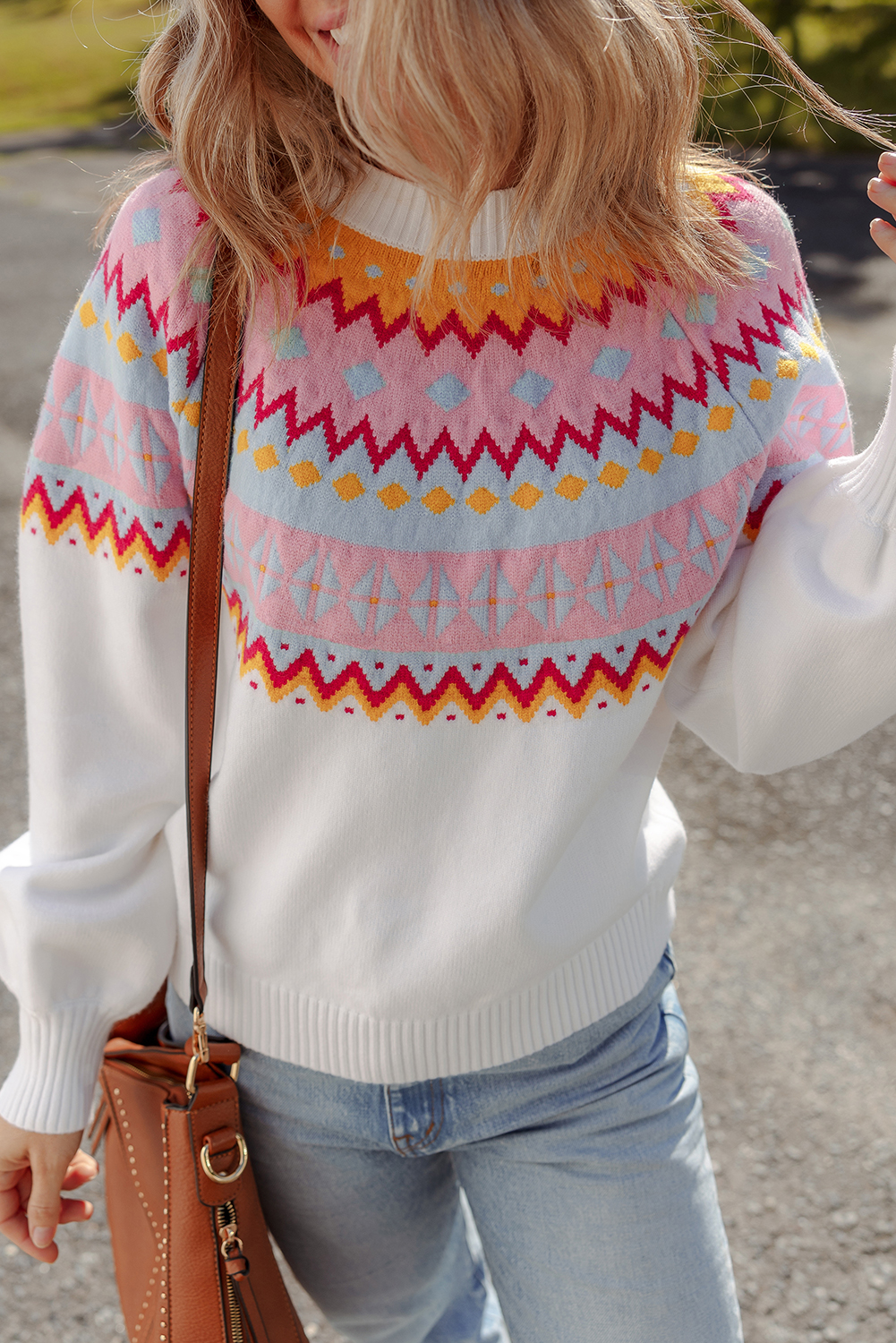 White Ethnic Geometric Colorblock Print Drop Shoulder Sweater - loveforevers