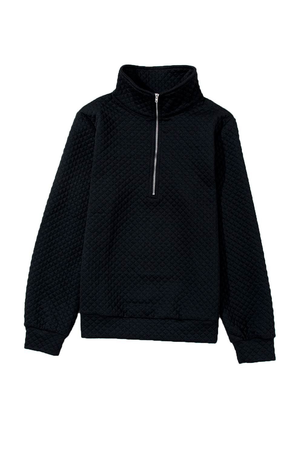 Black Solid Half Zipper Quilted Pullover Sweatshirt - loveforevers