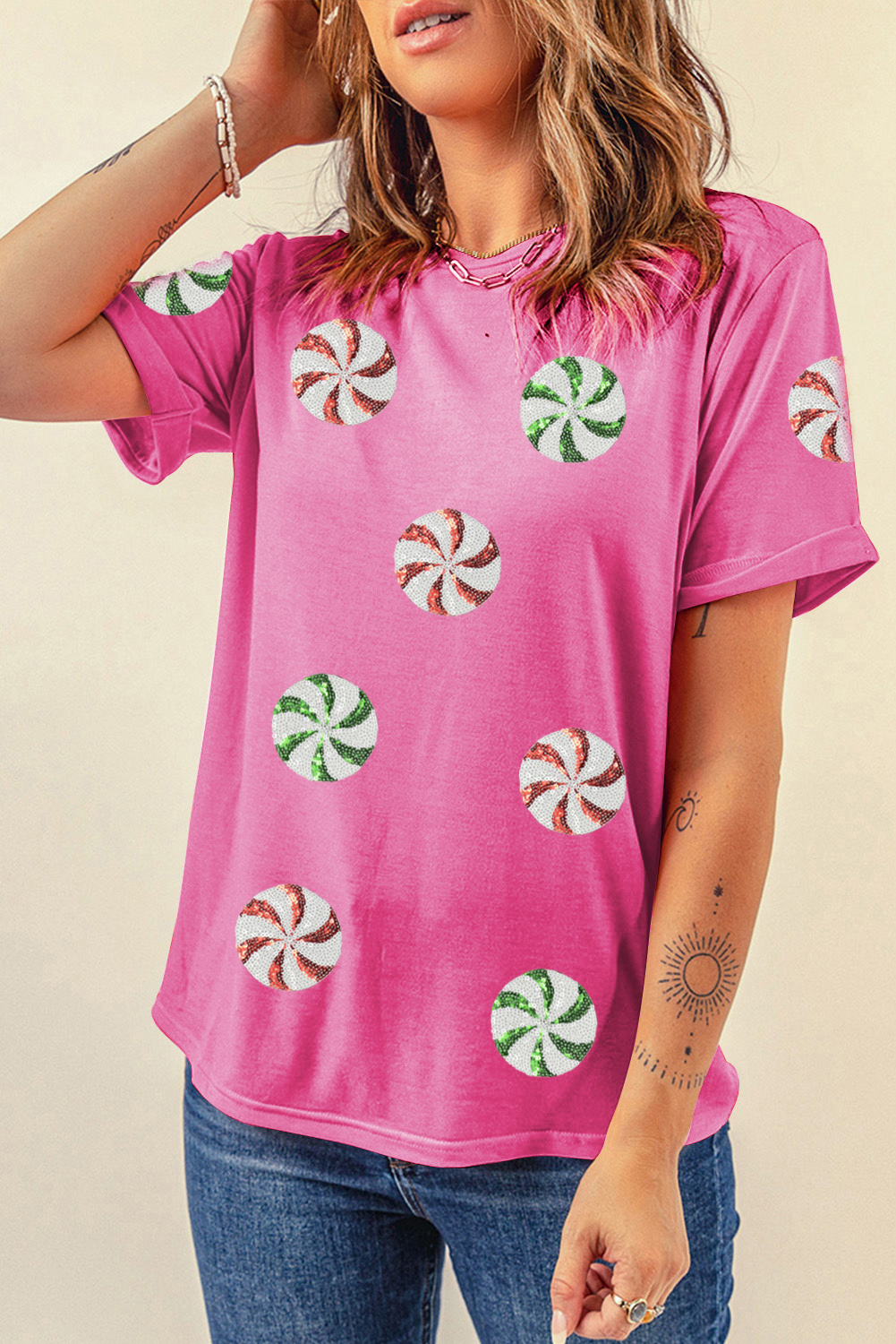 Sachet Pink Sequined Peppermint Pattern Christmas Custom T Shirt - loveforevers