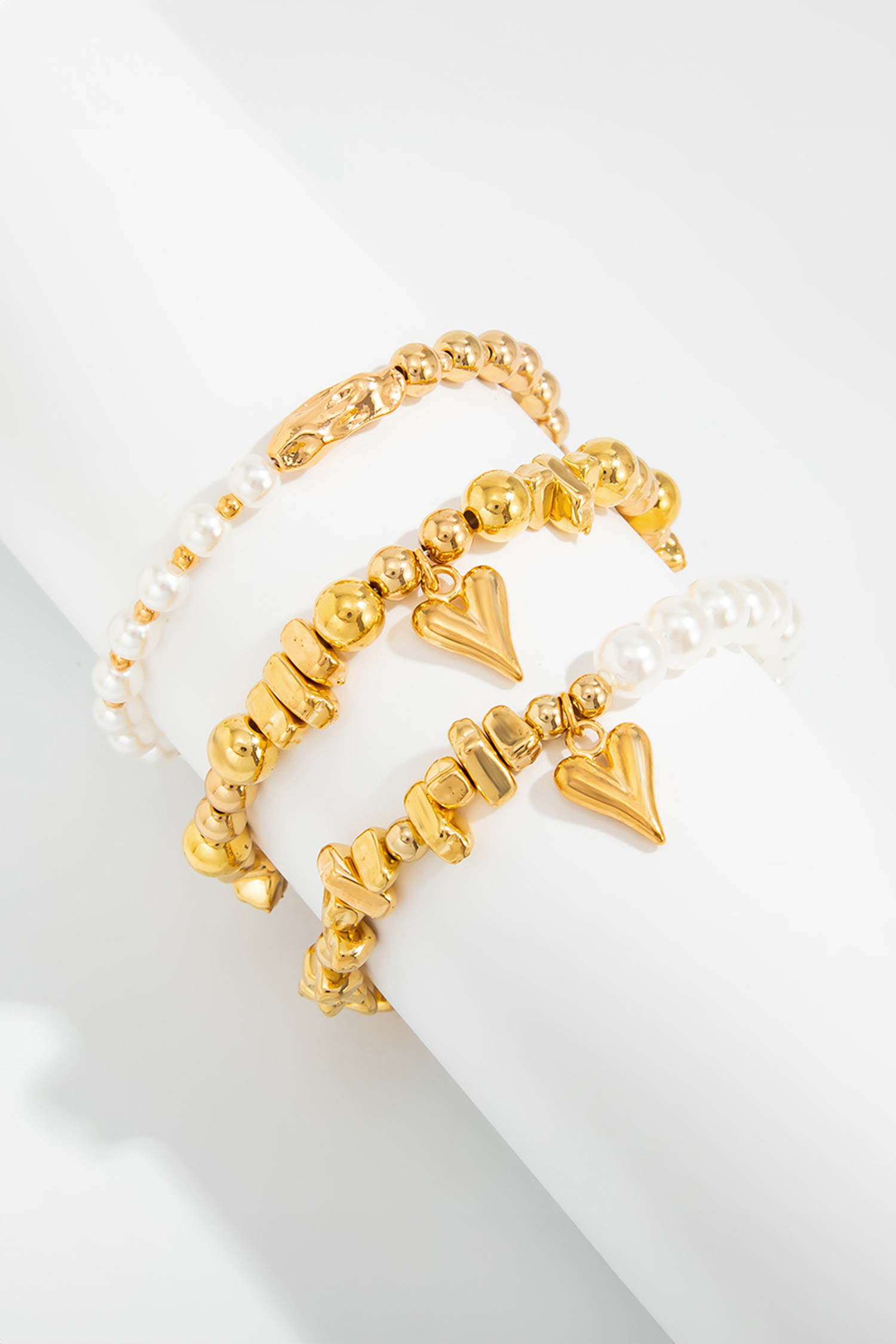 Gold 3pcs Irregular Beads Pearl Detail Bracelet Set - loveforevers
