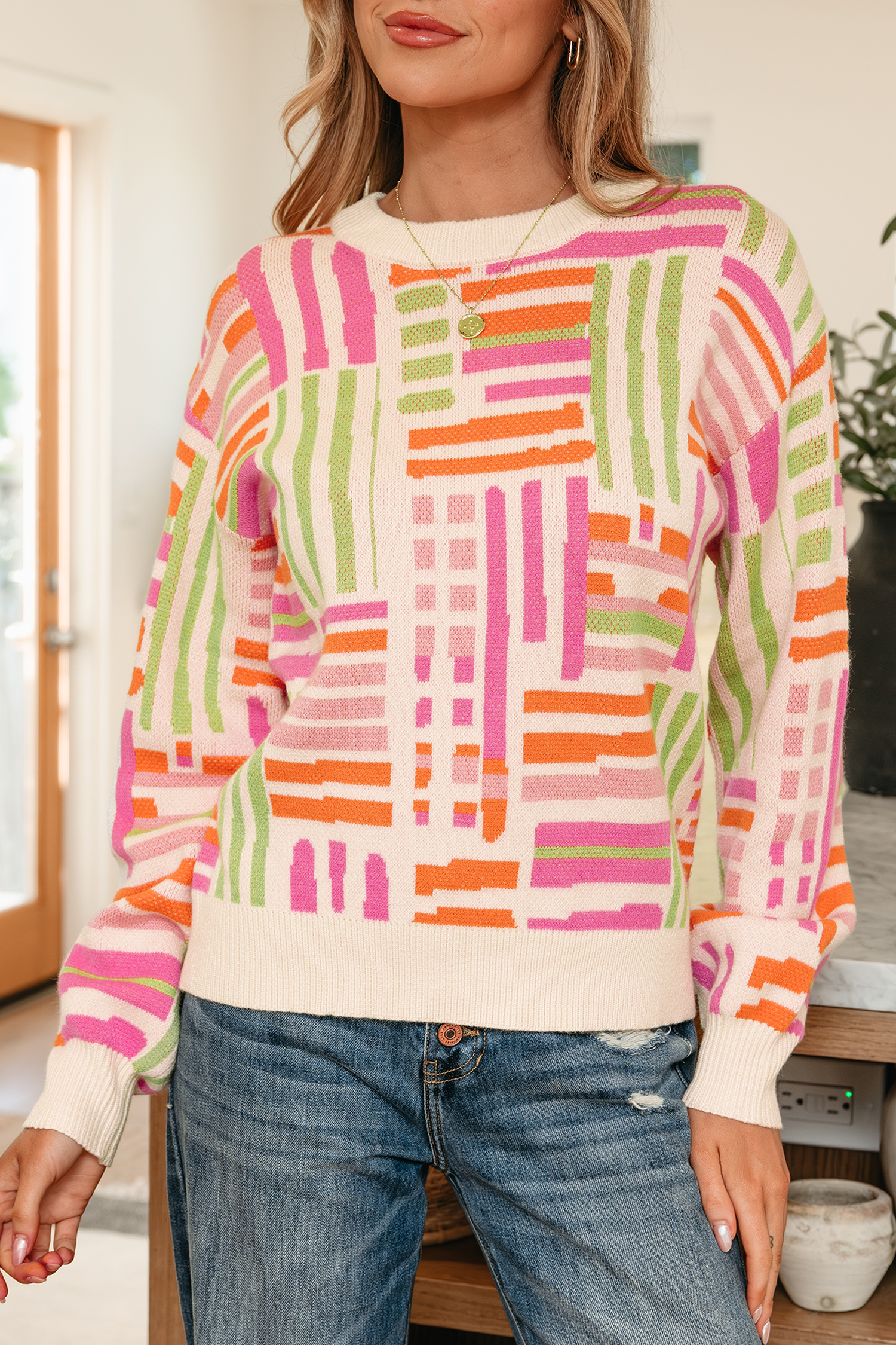Rose Love Lines Pattern Crew Neck Puff Sleeve Sweater - loveforevers