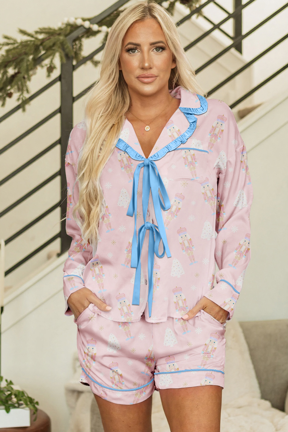 Pink Bow Tie Front Christmas Nutcracker Long Sleeve Shirt Shorts Pajama Set - loveforevers