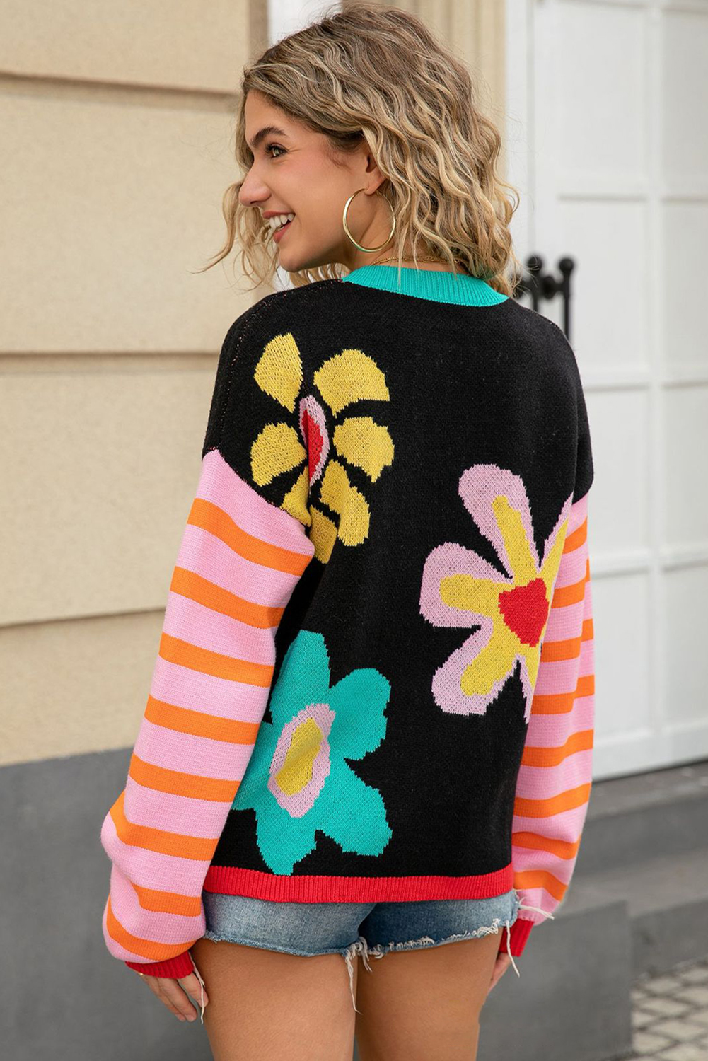 Apricot Cute Flower Pattern Striped Sleeve Sweater - loveforevers