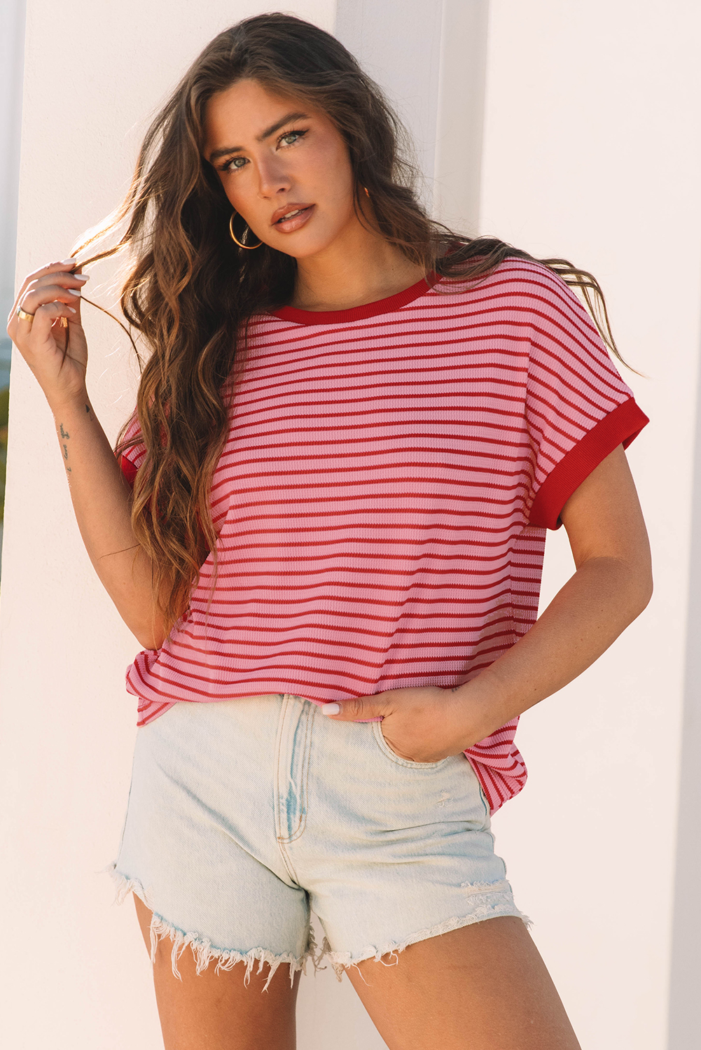 Pink Stripe Knitted Round Neck T Shirt - loveforevers