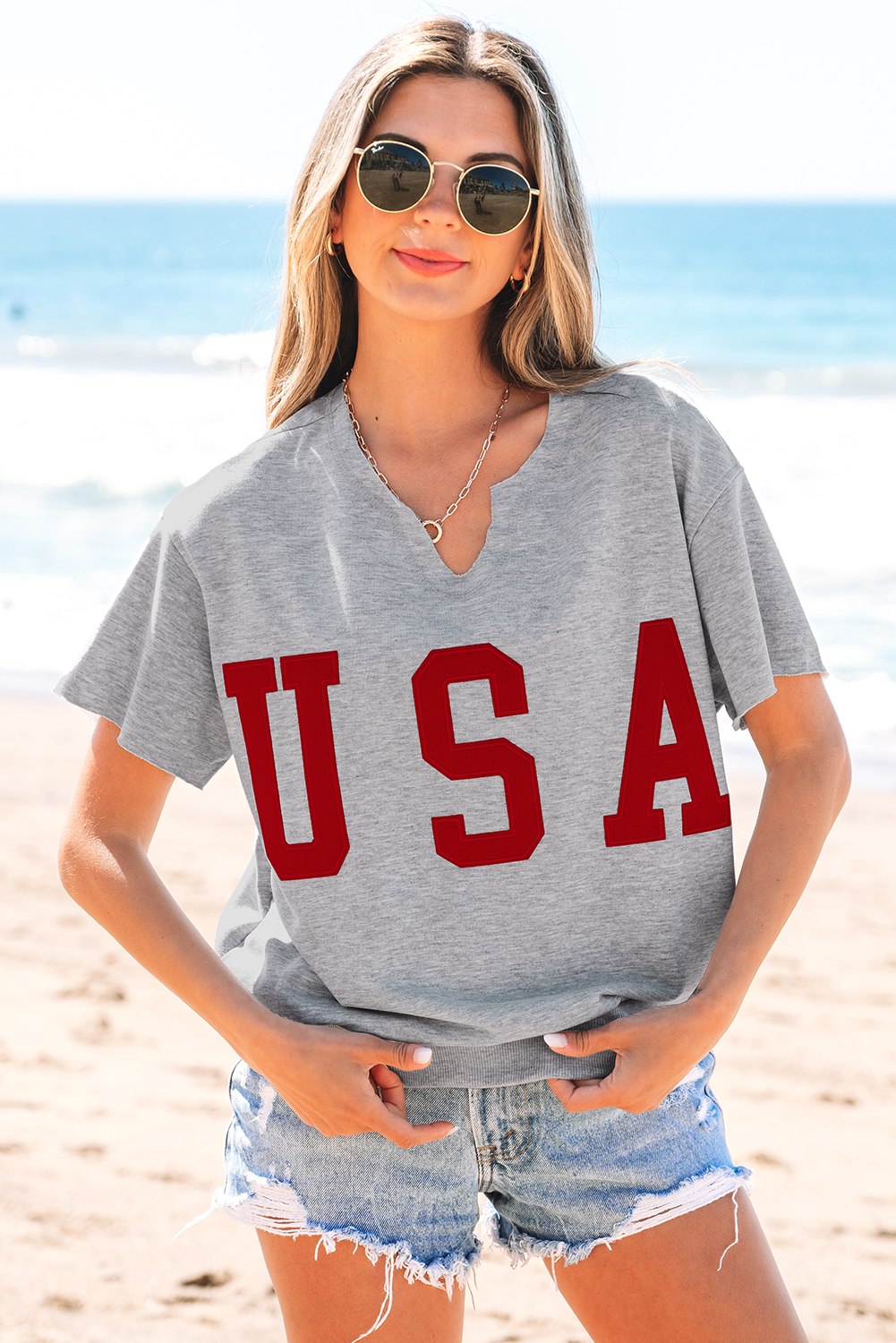 Light Grey USA Lettering Patch Notched Neck Loose Tee - loveforevers