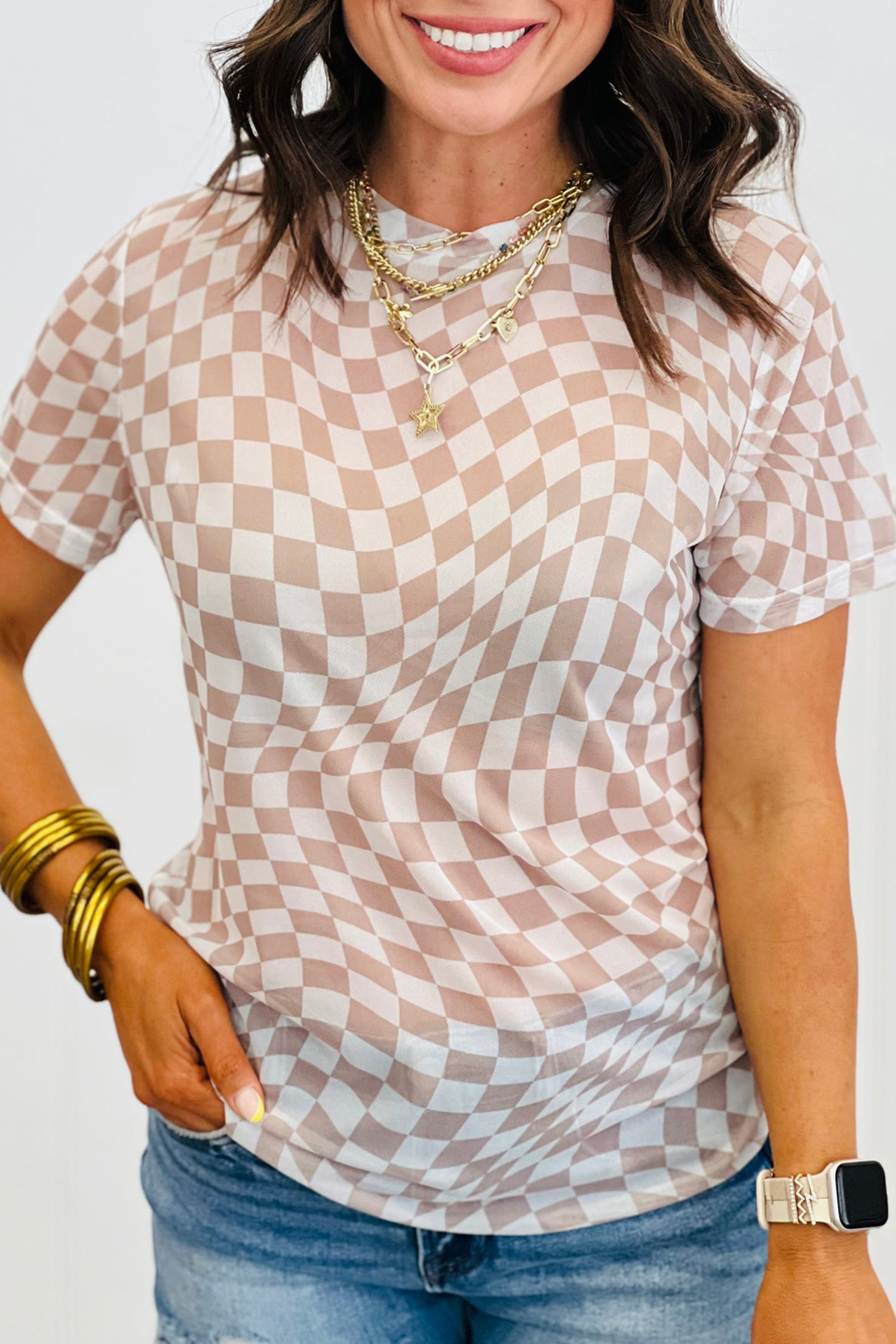 Purple Checkered Print Mock Neck Mesh T Shirt - loveforevers
