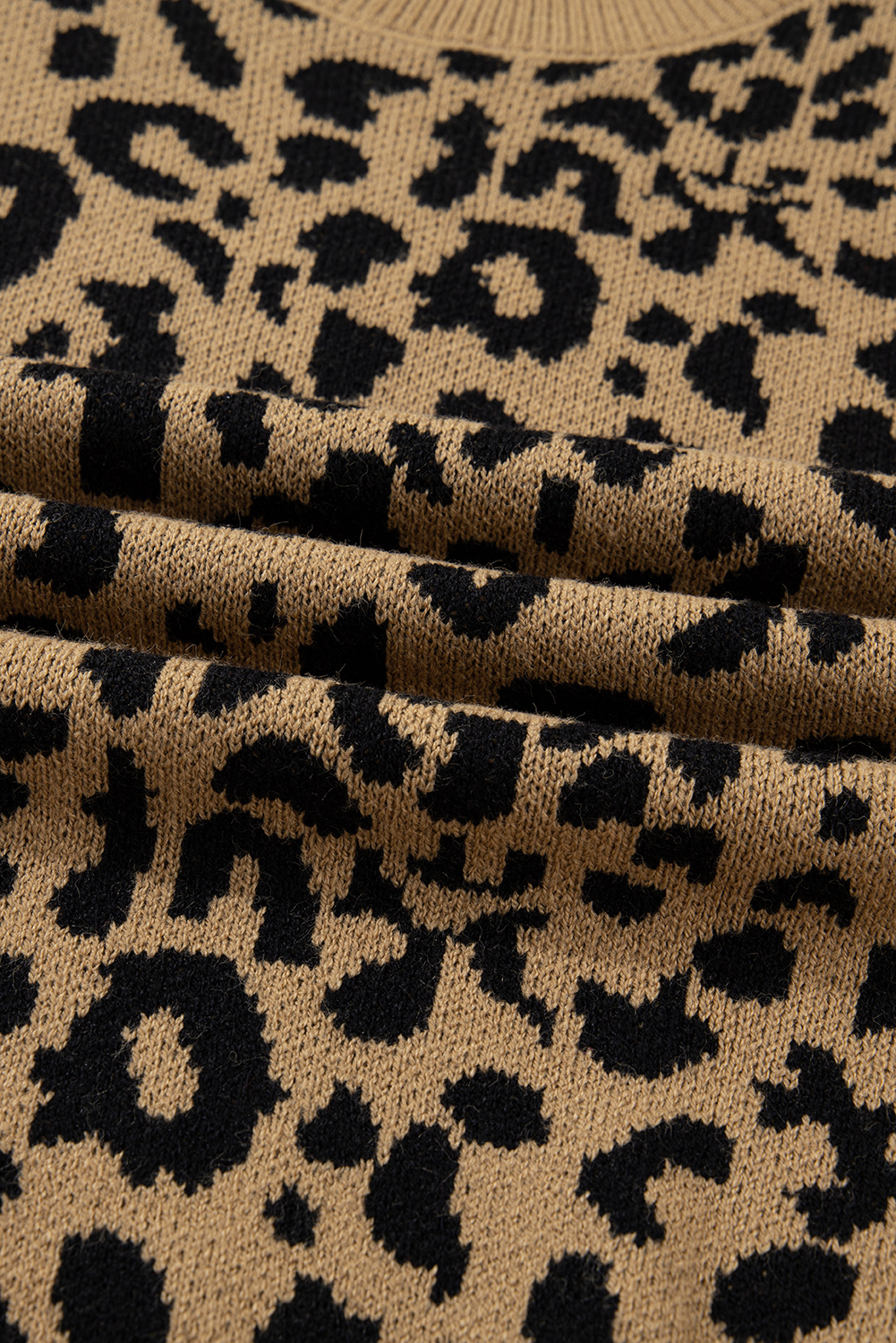 Light French Beige Ribbed Trim Round Neck Leopard Drop Shoulder Sweater - loveforevers