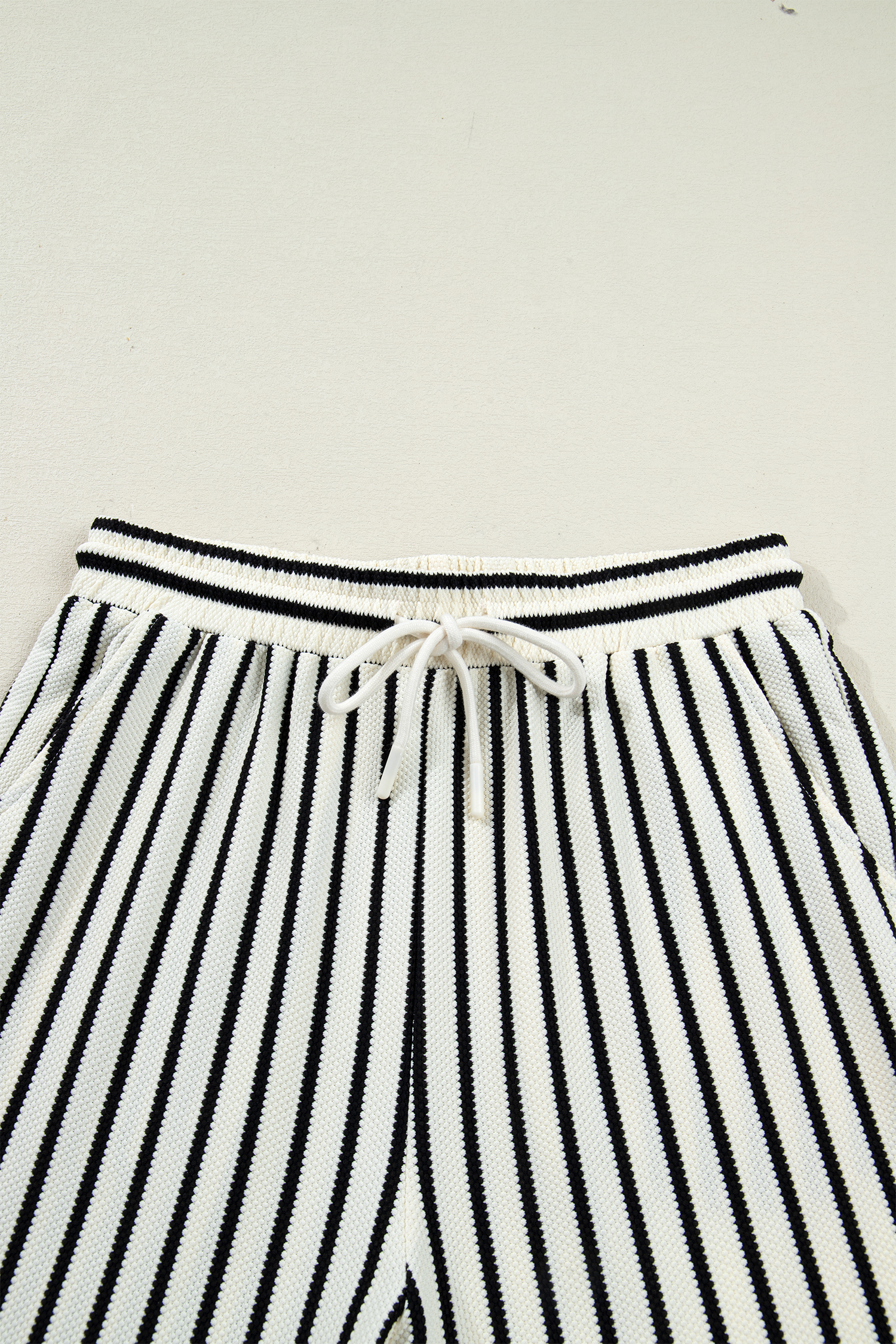 White Stripe Ruffle Trim Drop Shoulder Top Drawstring Loose Pant Set - loveforevers