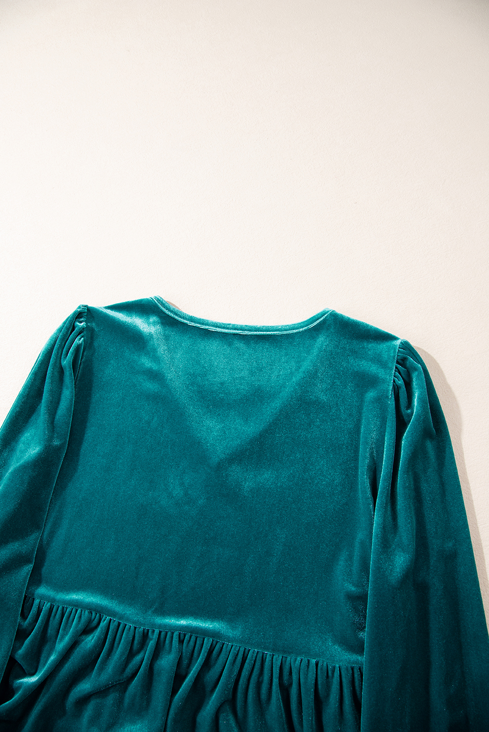Sea Green Velvet V Neck Peplum Hem Puff Sleeve Blouse - loveforevers