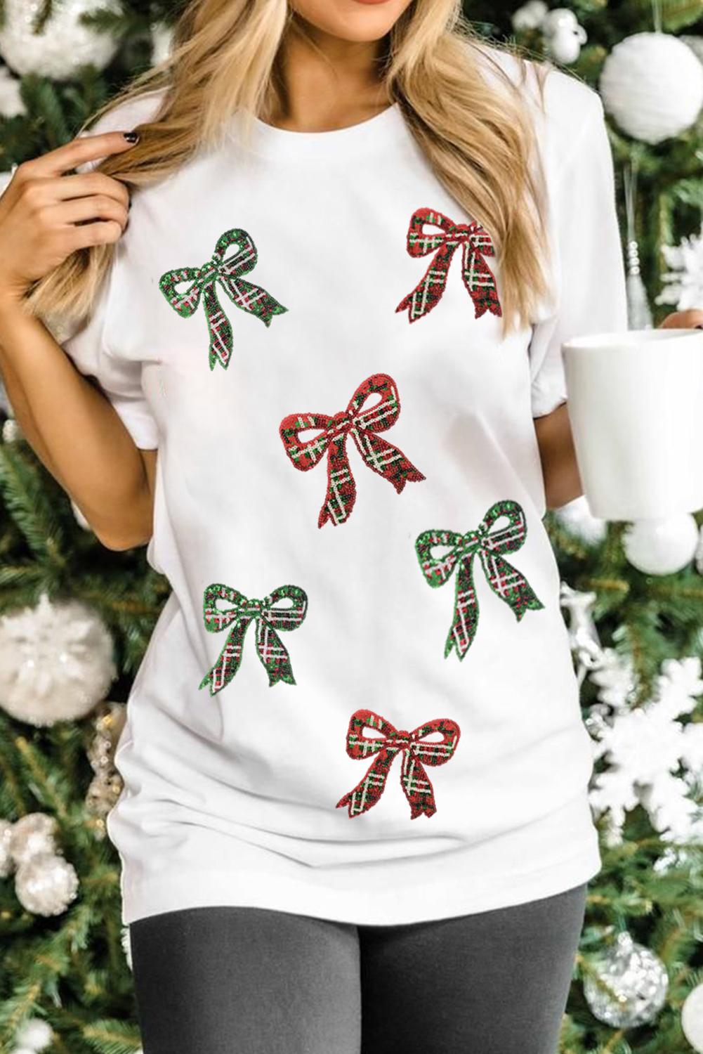 White Christmas Bowknot Graphic Cotton Blend T Shirt - loveforevers