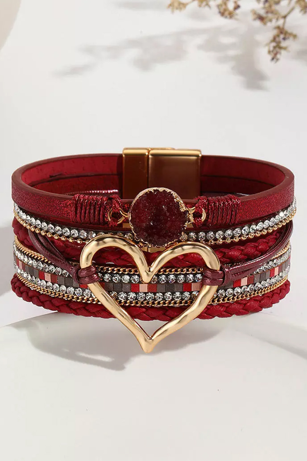 Fiery Red Valentine Rhinestone Heart Layered Bracelet - loveforevers