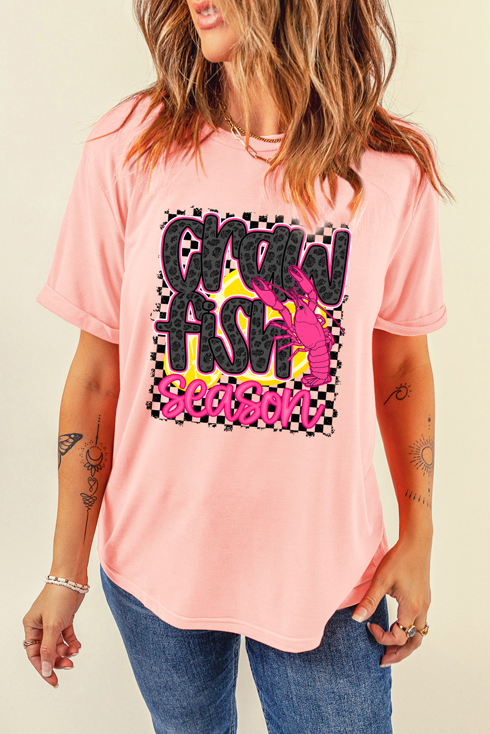 Pink Crawfish Season Graphic Casual Tee - loveforevers