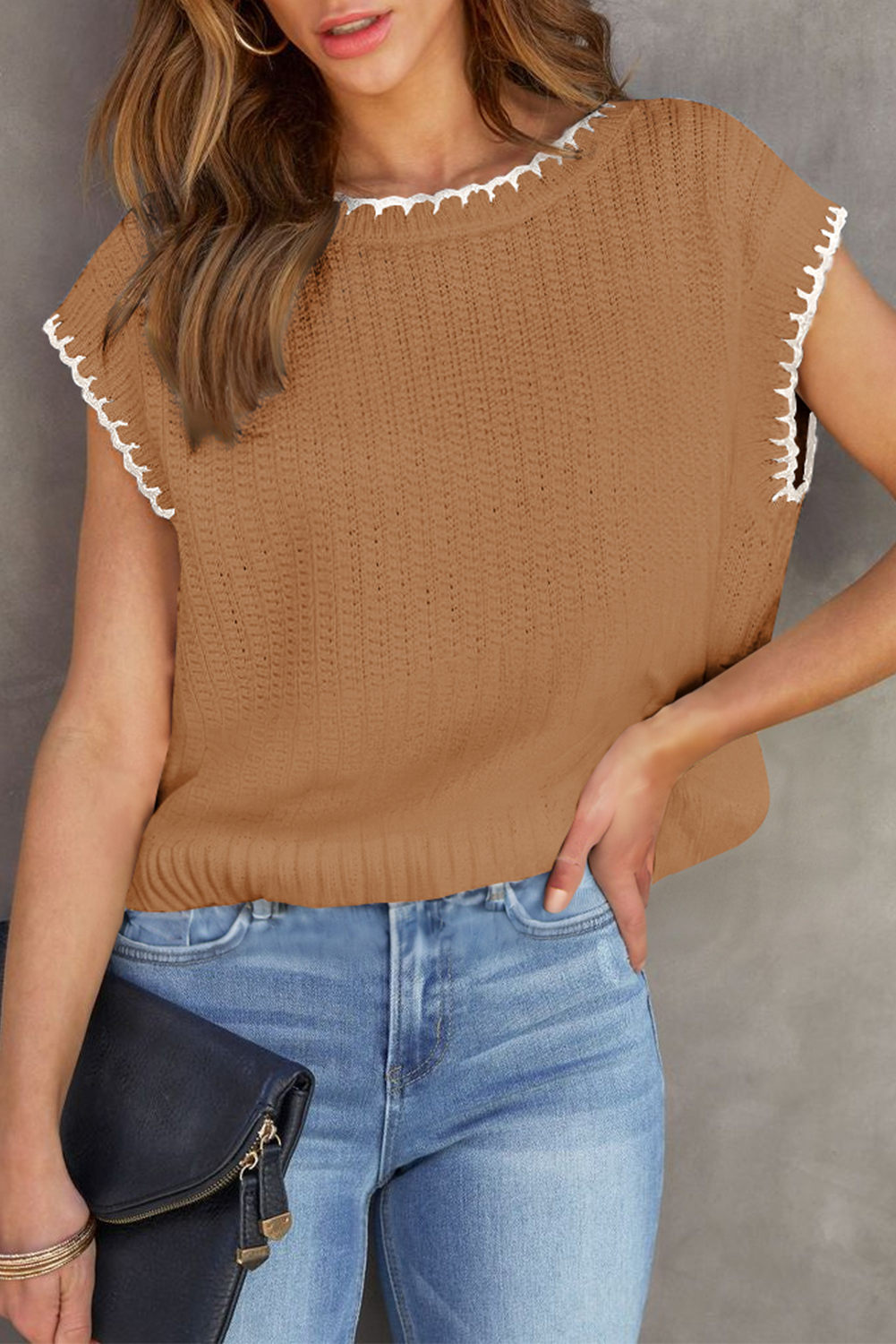 Camel Contrast Trim Boxy Fit Knit Short Sleeve Sweater Top - loveforevers