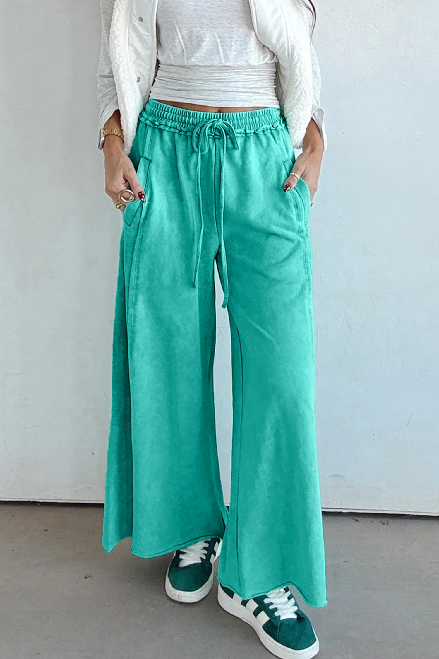 Sea Green Mineral Wash Drawstring Elastic Waist Raw Hem Loose Pants - loveforevers