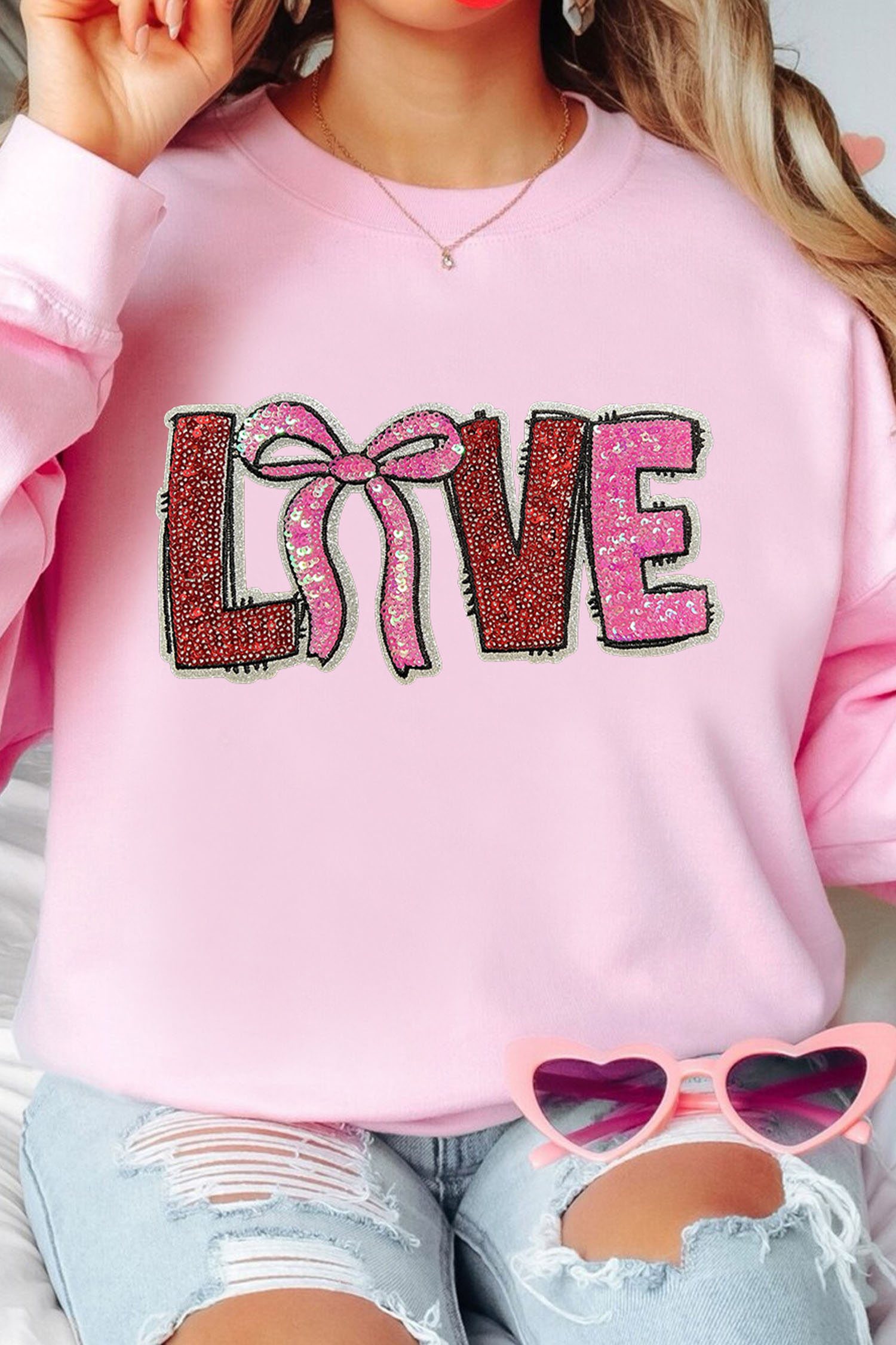 Pink Bow Love Sequin Pattern Valentine Sweatshirt - loveforevers