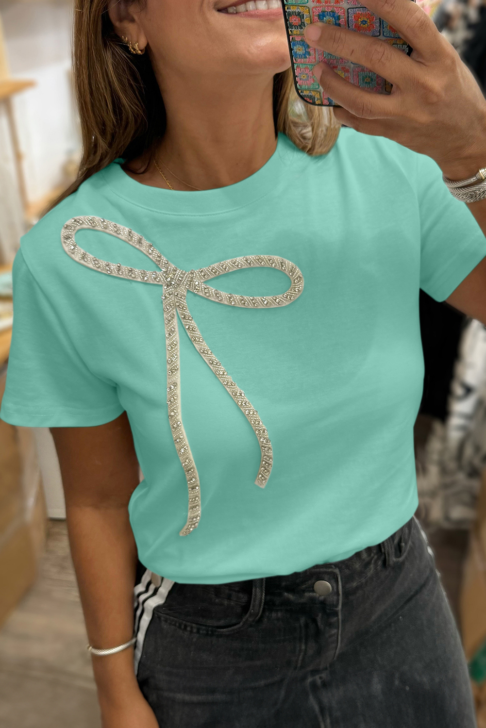 White Rhinestone Bow Embellished Round Neck Tee - loveforevers