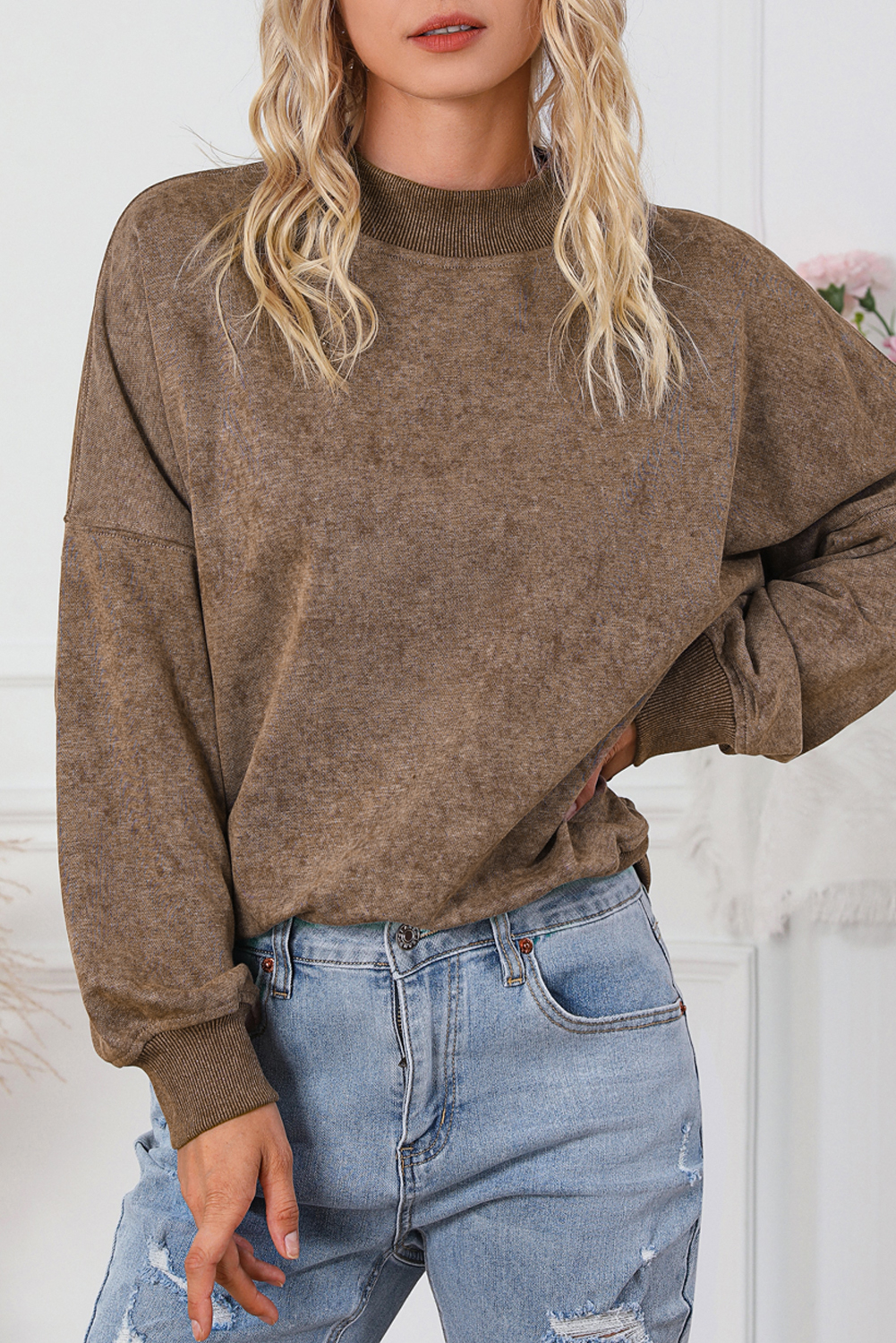 Brown Drop Shoulder Crew Neck Pullover Sweatshirt - loveforevers