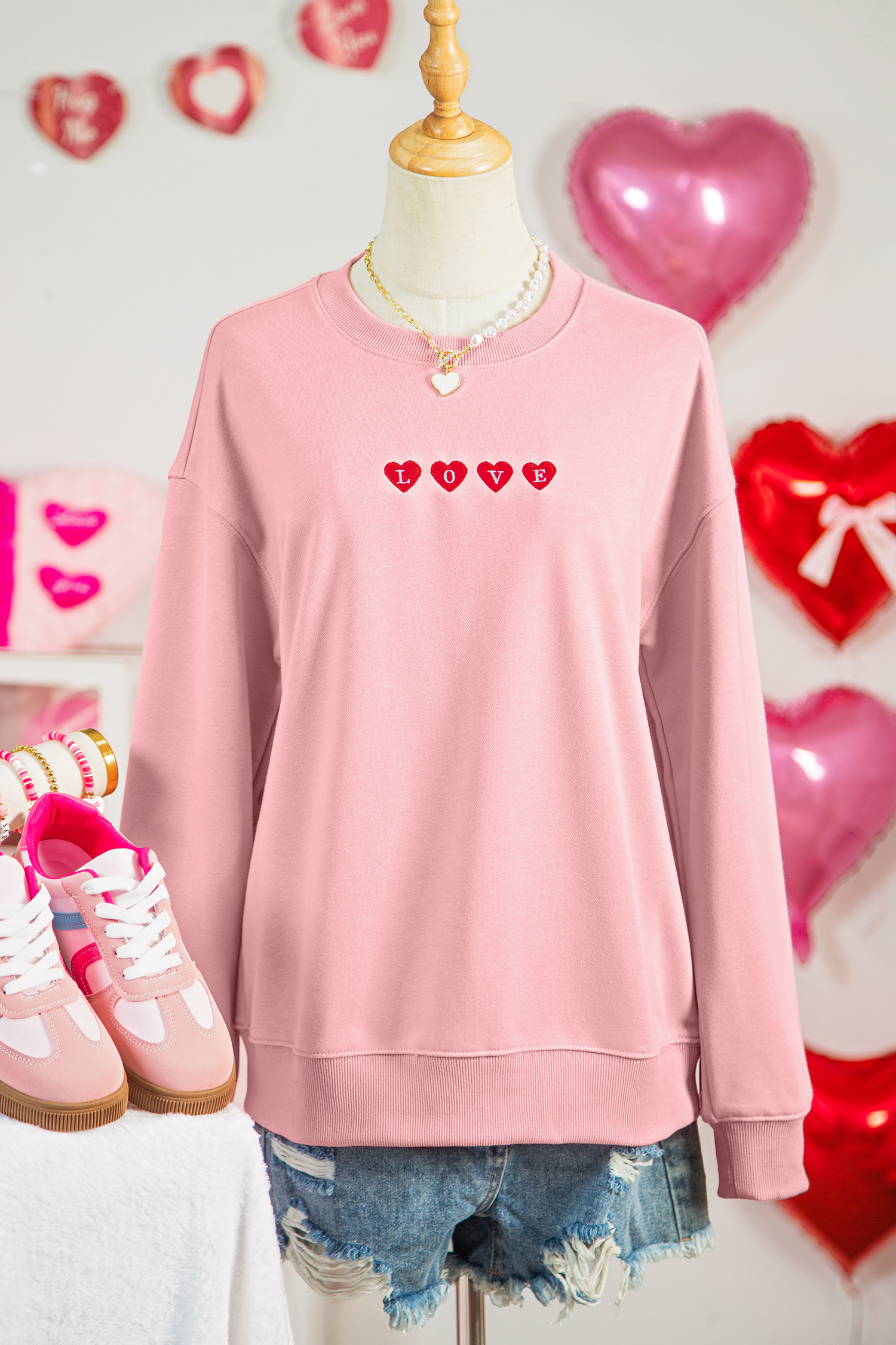 Pink LOVE In Hearts Embroidered Graphic Sweatshirt - loveforevers
