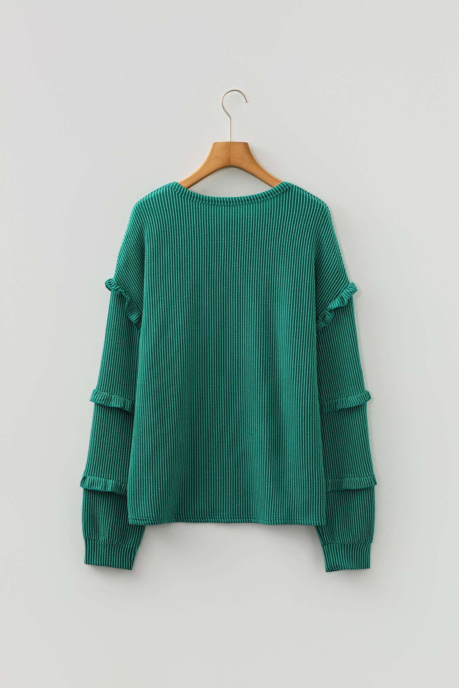 Evergreen Twisted Ribbed Tiered Ruffles Long Sleeve Pullover Top - loveforevers