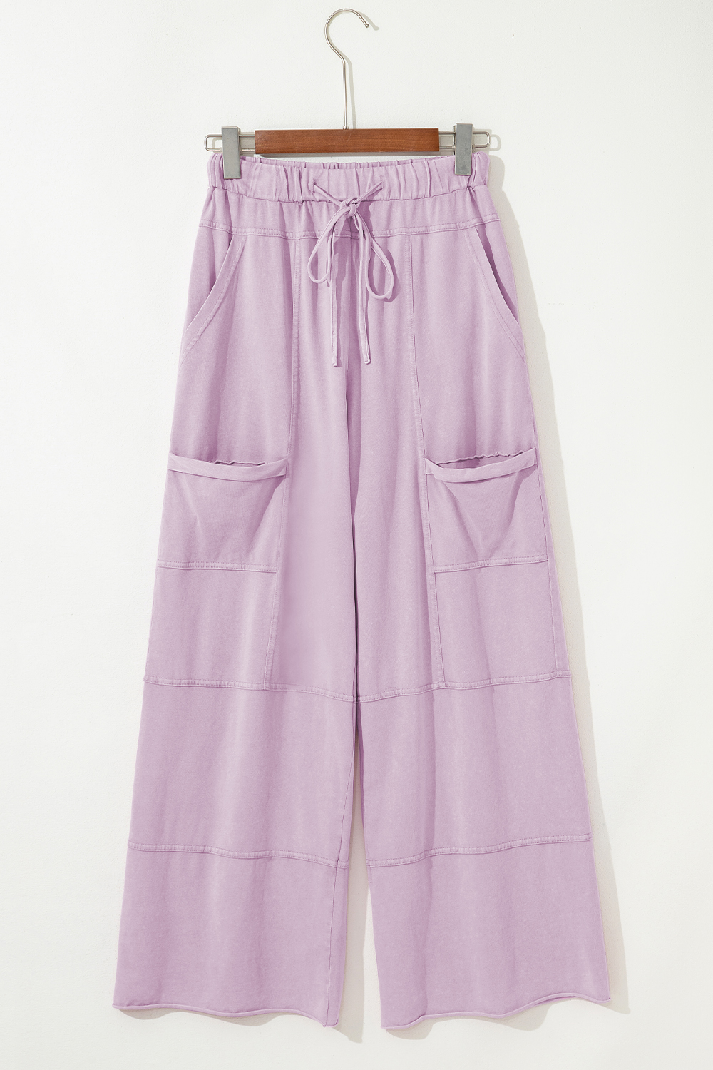 Pink Mineral Wash Exposed Seam Drawstring Elastic Waistband Wide Leg Cargo Pants - loveforevers