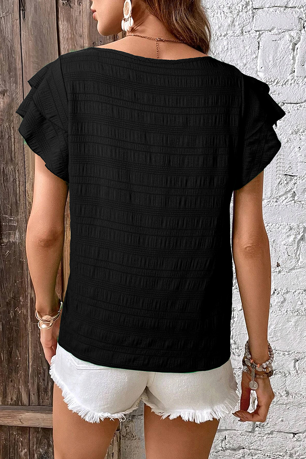 Dark Green Textured Ruffled Sleeve Round Neck Top - loveforevers