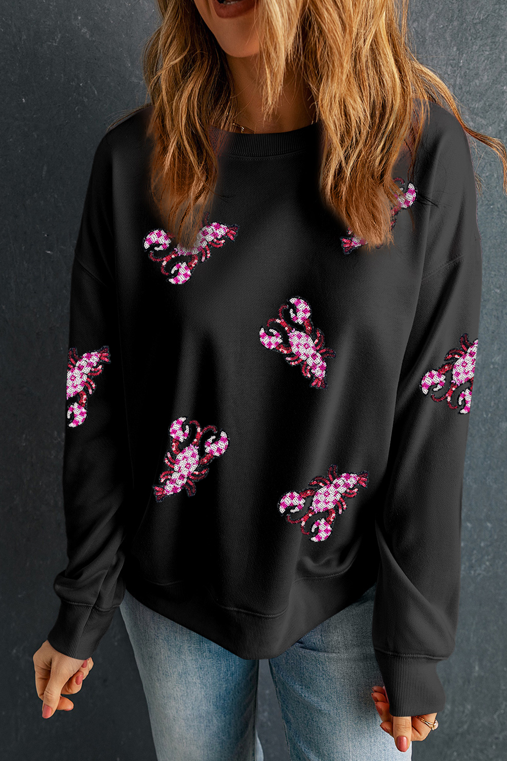 Black Sequin Crawfish Patched Crew Neck Tee - loveforevers