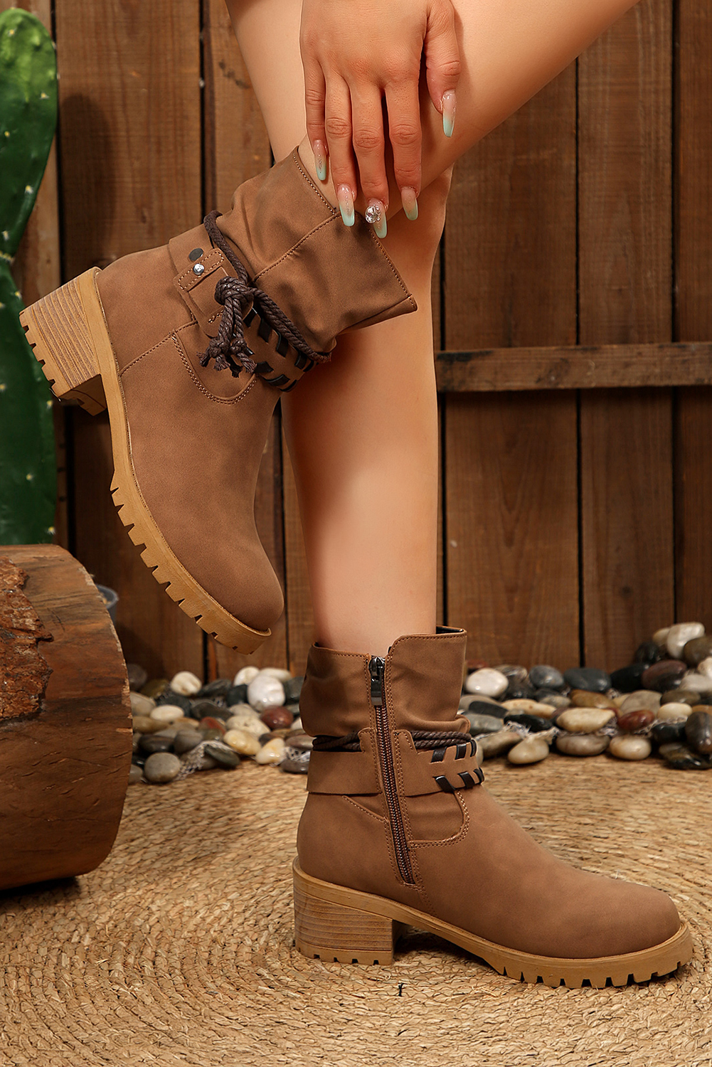 Chestnut Faux Suede Contrast Rope Detail Side Zip Boots - loveforevers