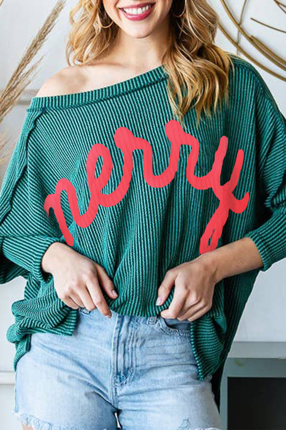 Skobeloff Merry Graphic Corded Batwing Sleeve Knit Top - loveforevers