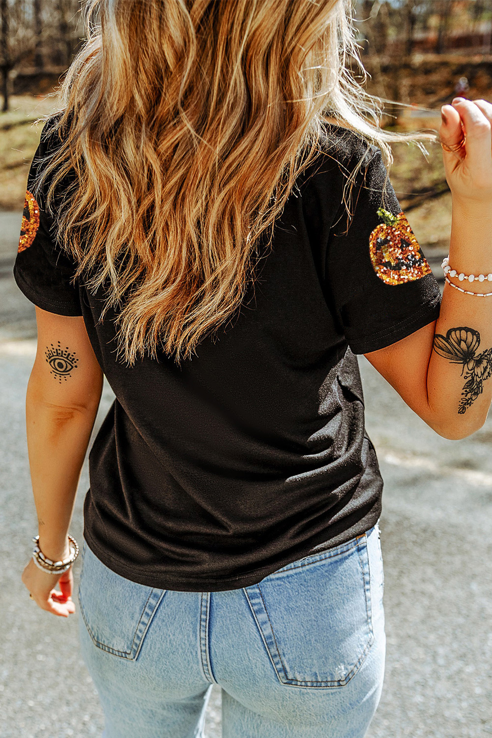 Black Sequin Pumpkin Face Halloween T Shirt - loveforevers