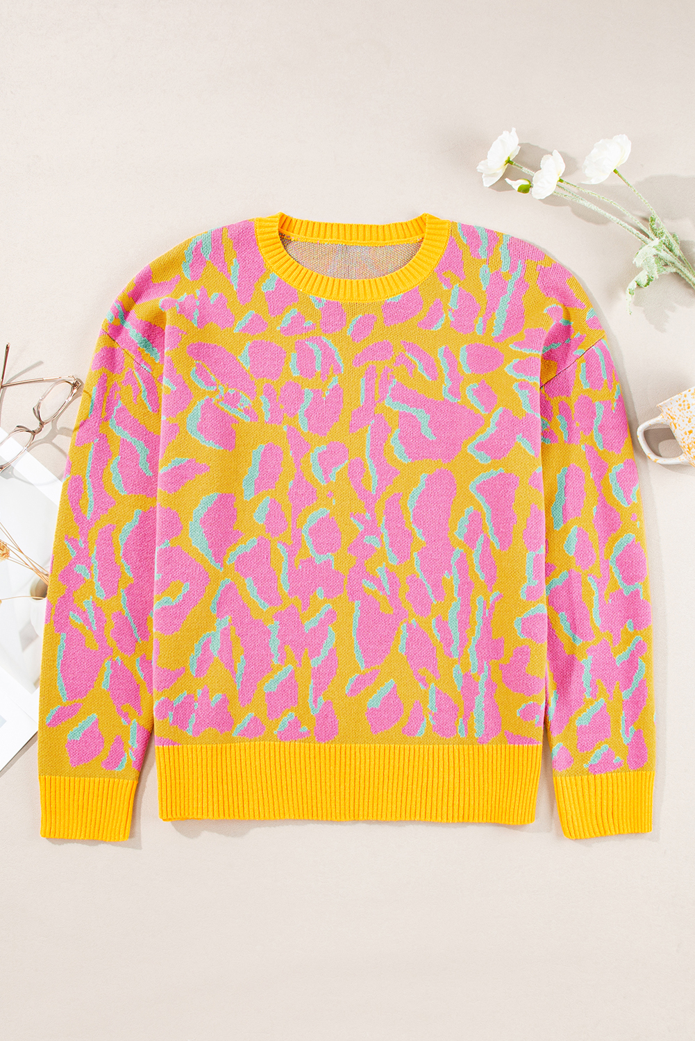 Green Abstract Print Ribbed Trim Baggy Sweater - loveforevers