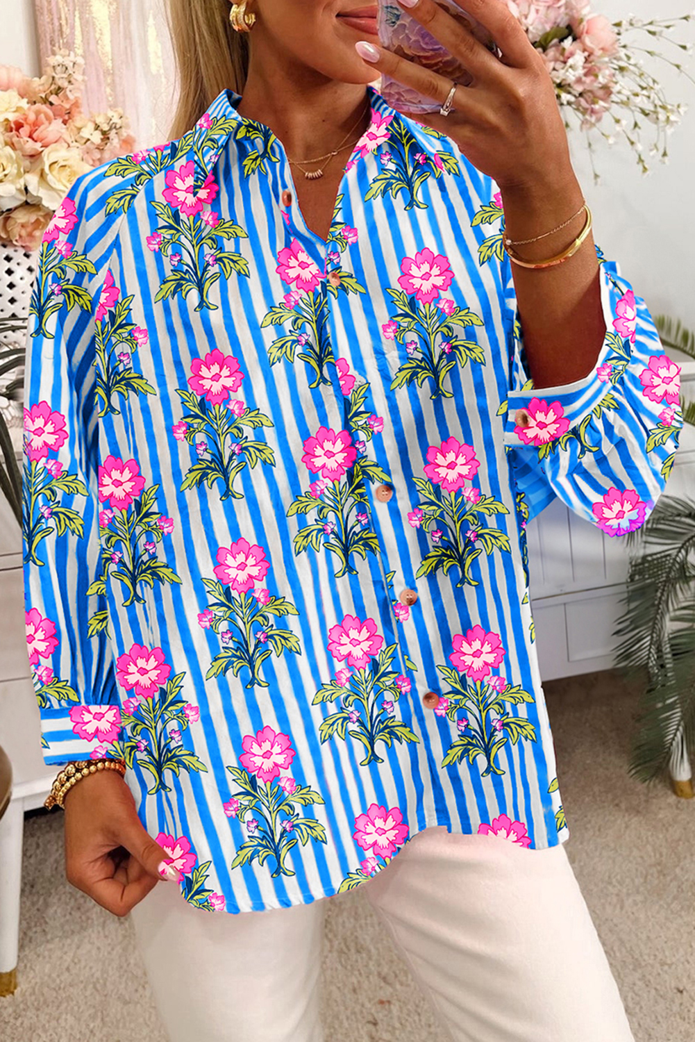 Blue Striped Floral Print Buttoned Cuffs Loose Fit Shirt - loveforevers