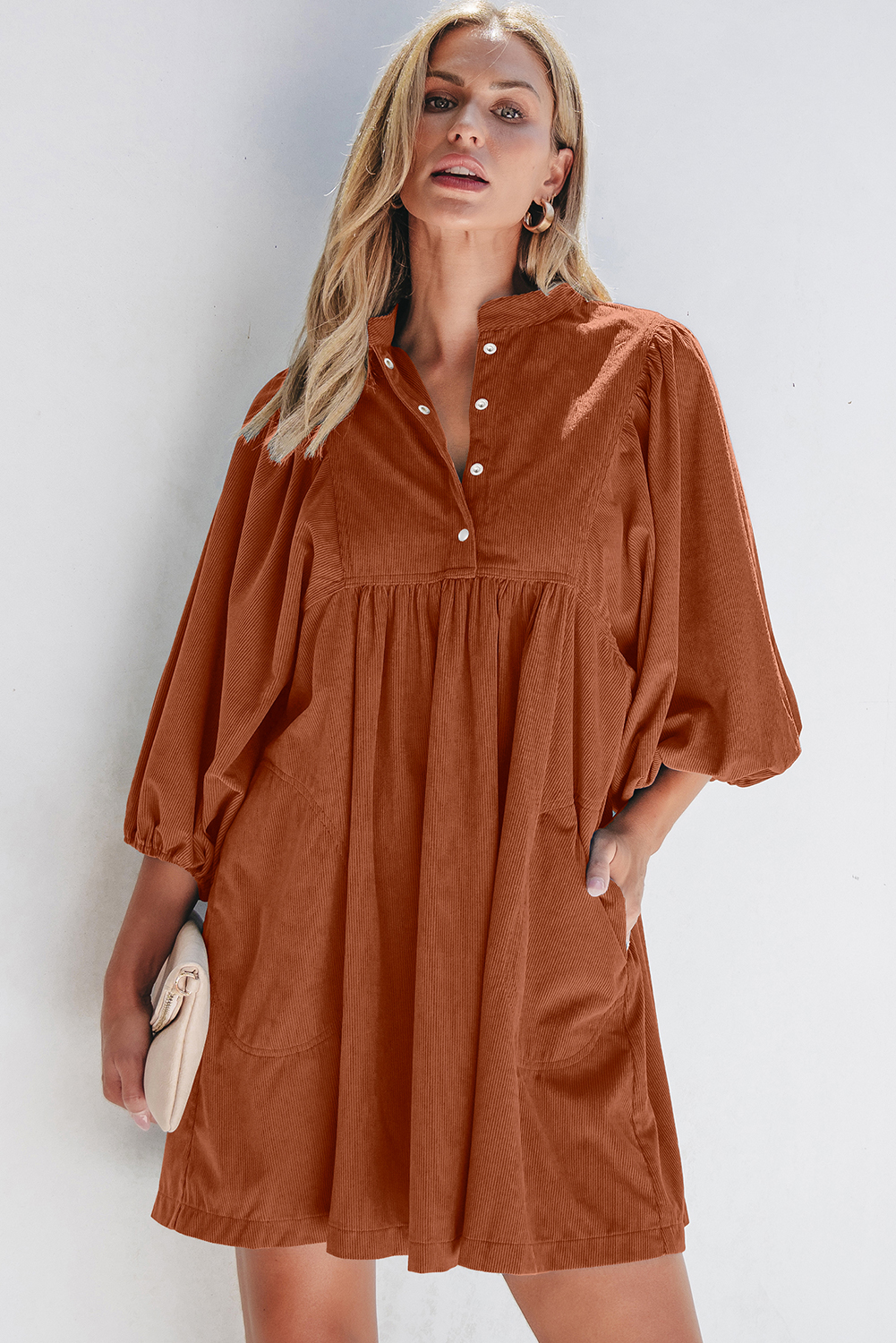Gold Flame Corduroy Snap Buttons Empire Waist Bracelet Sleeve Dress - loveforevers