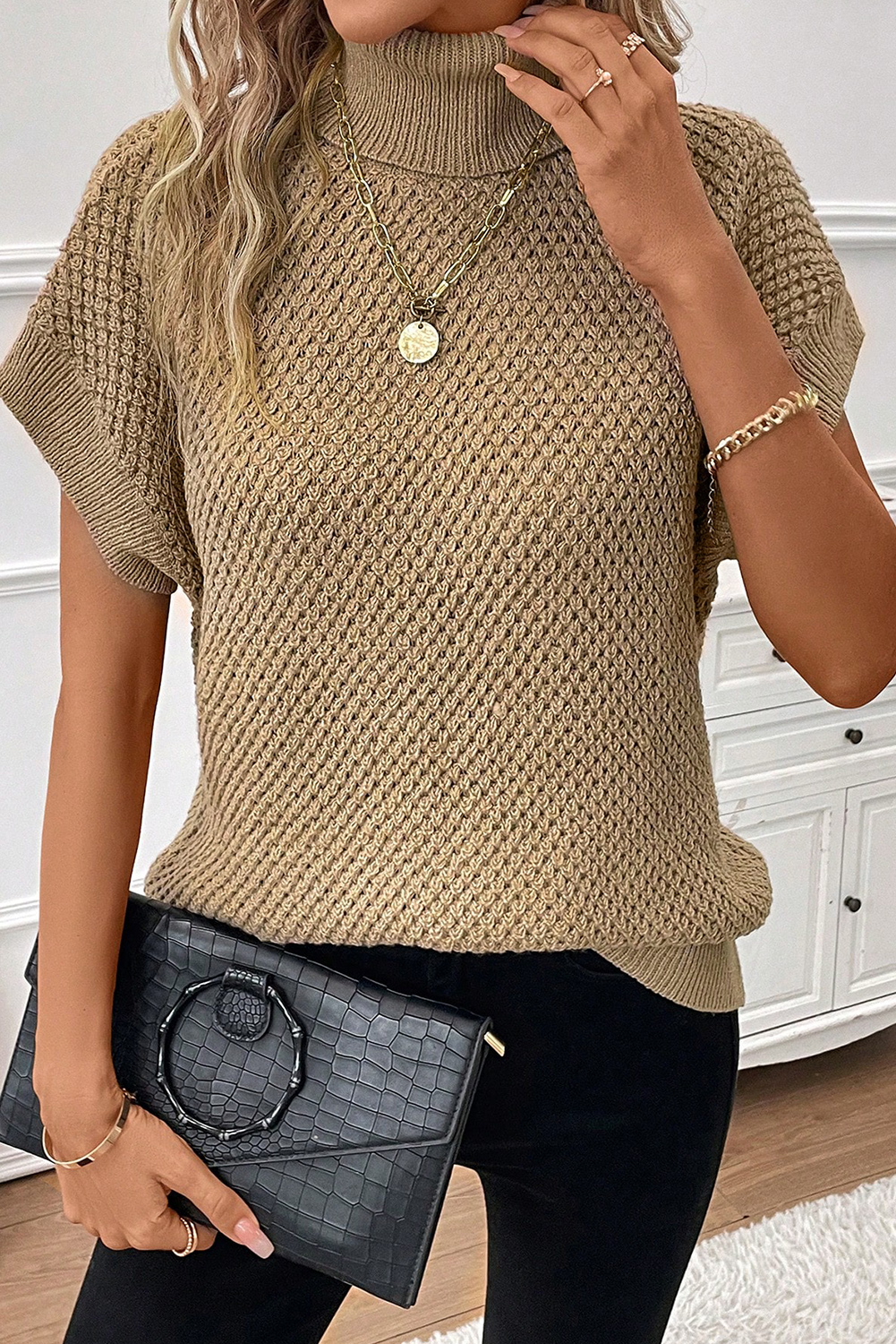 Pale Khaki Turtleneck Textured Short Sleeve Sweater - loveforevers