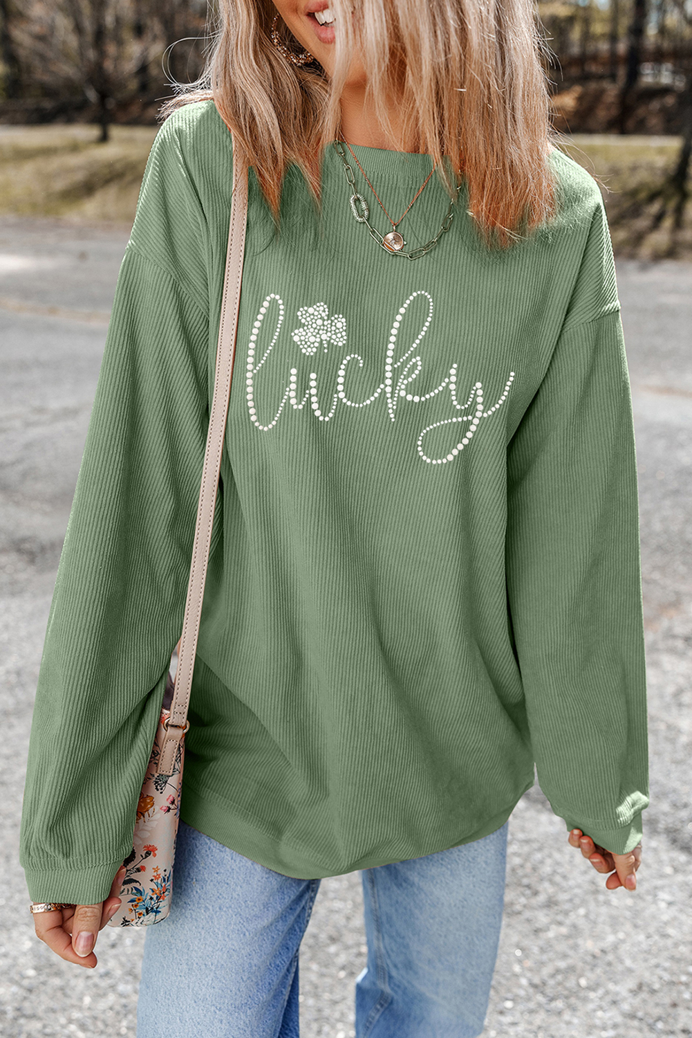 Grass Green Rhinestone lucky Clover Graphic Ribbed St Patrick Sweatshirt - loveforevers