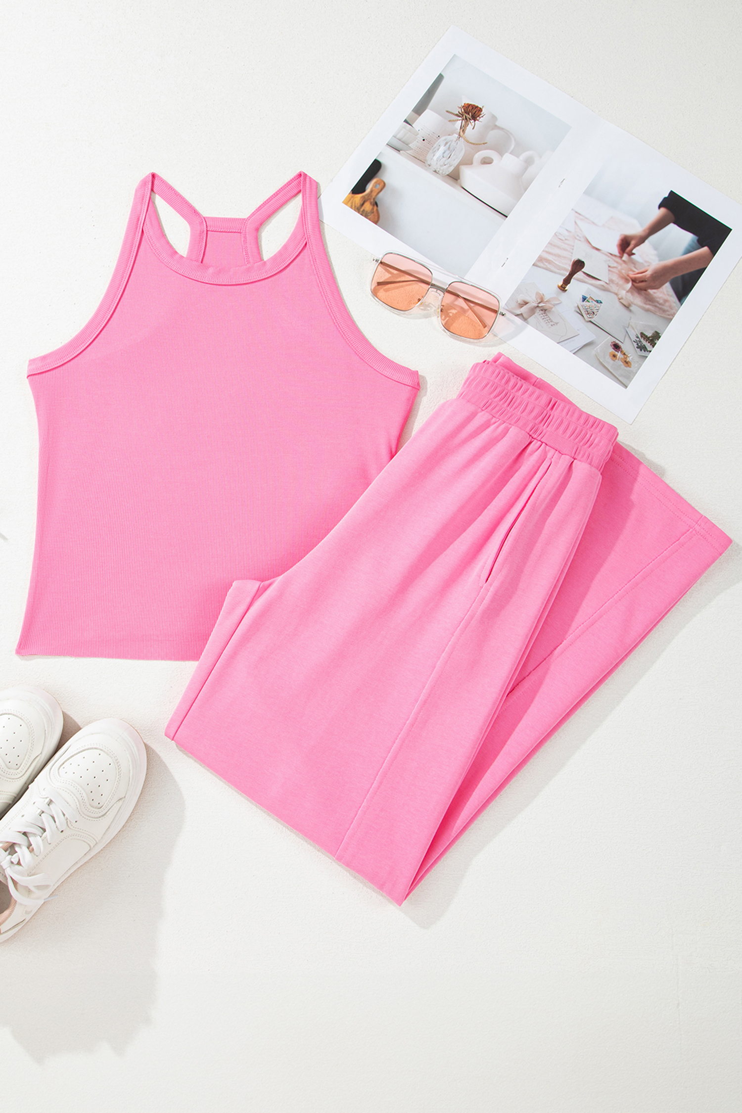 Sachet Pink Slim Ribbed Tank Top and Sweatpants Set - loveforevers