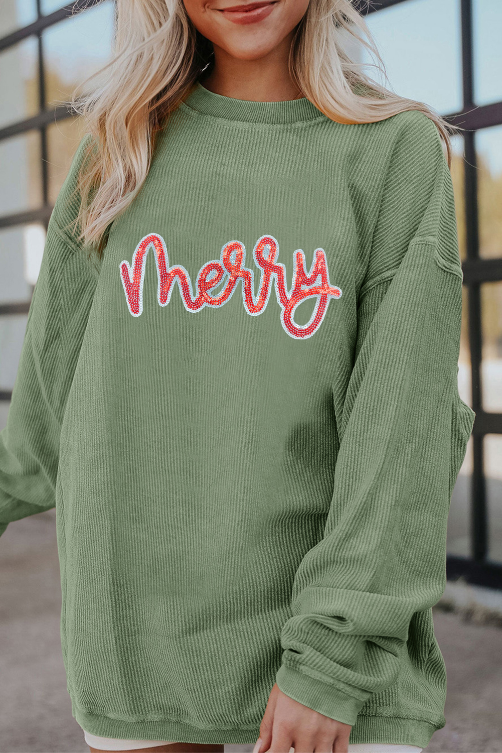 Grass Green Sequined merry Letter Graphic Twisted Ribbed Baggy Sweatshirt - loveforevers