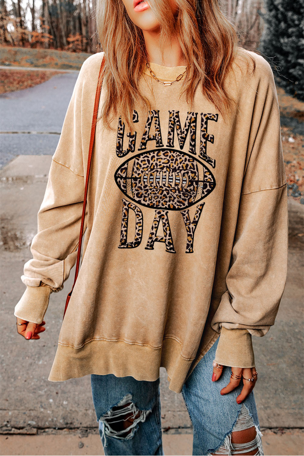 Khaki Loose Leopard Rugby Football GAME DAY Graphic Sweatshirt - loveforevers