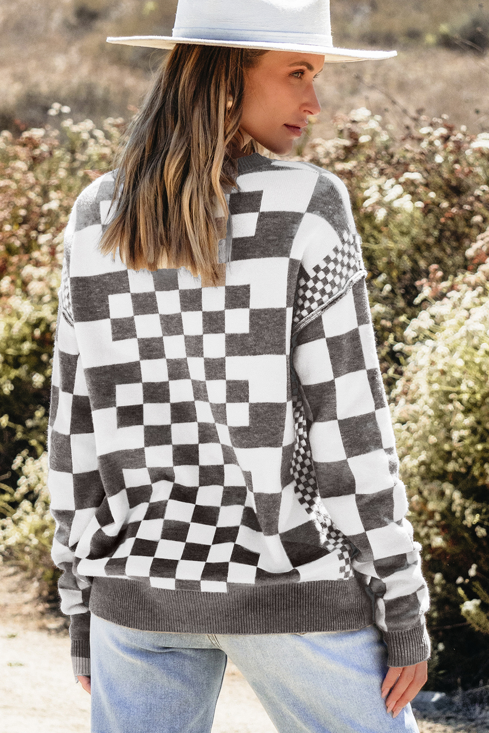 Khaki Checkered Print Drop Shoulder Round Neck Sweater - loveforevers