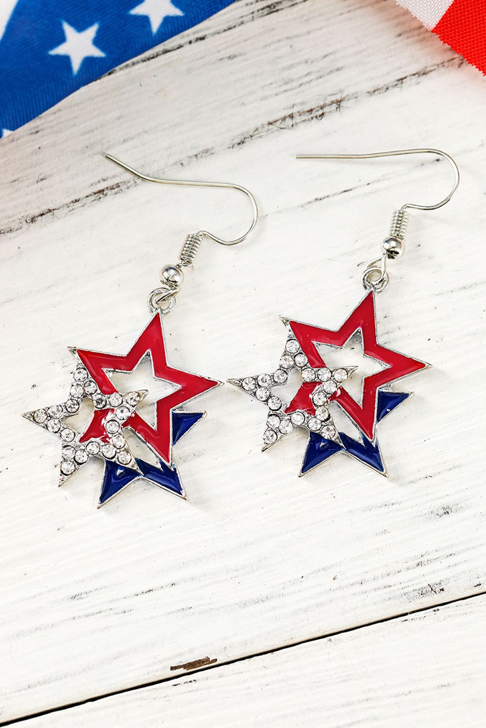 Fiery Red American Flag Rhinestone Star Dangle Earrings - loveforevers