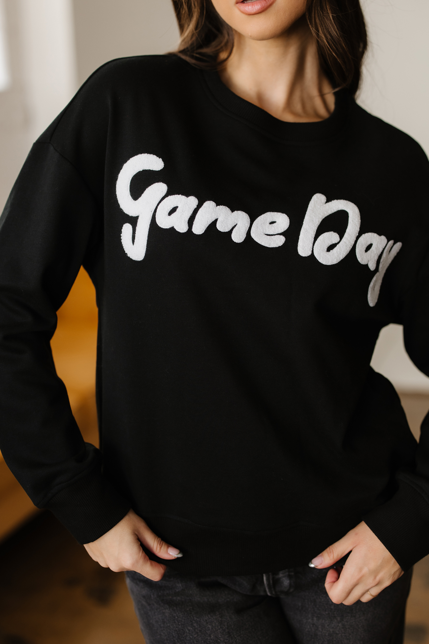 Black Chenille Game Day Graphic Drop Shoulder Sweatshirt - loveforevers