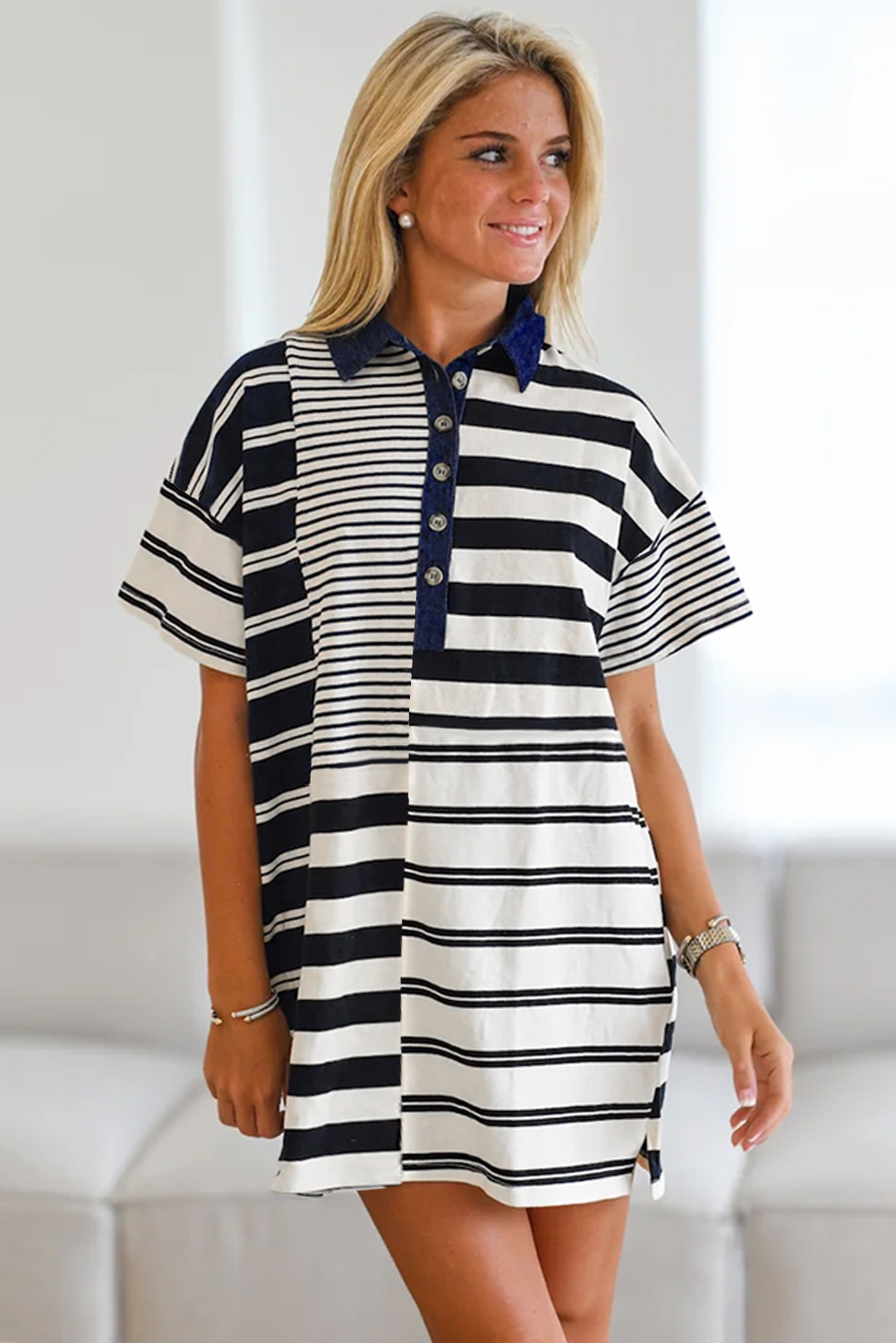 Black Stripe Half Placket Polo T Shirt Dress - loveforevers