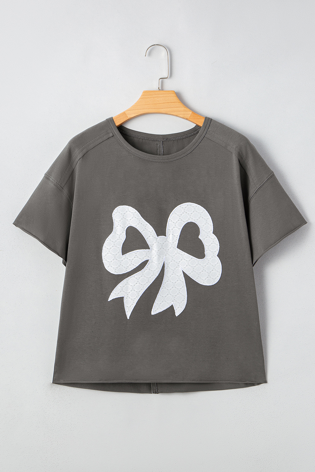 Medium Grey Lace Bow Raw Edge Drop Shoulder Casual T Shirt - loveforevers