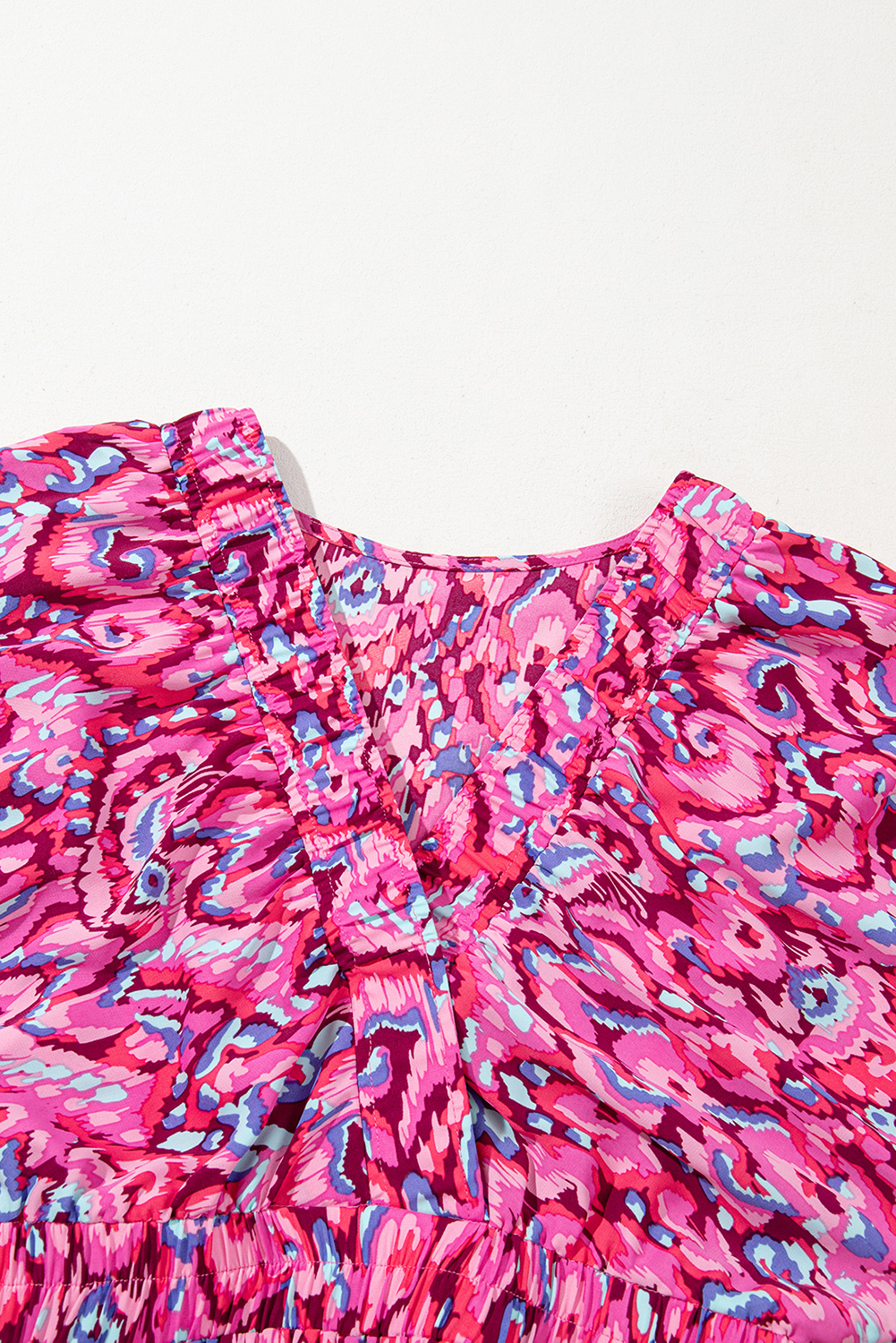 Pink Abstract Print Puff Sleeve V Neck High Waist Romper - loveforevers