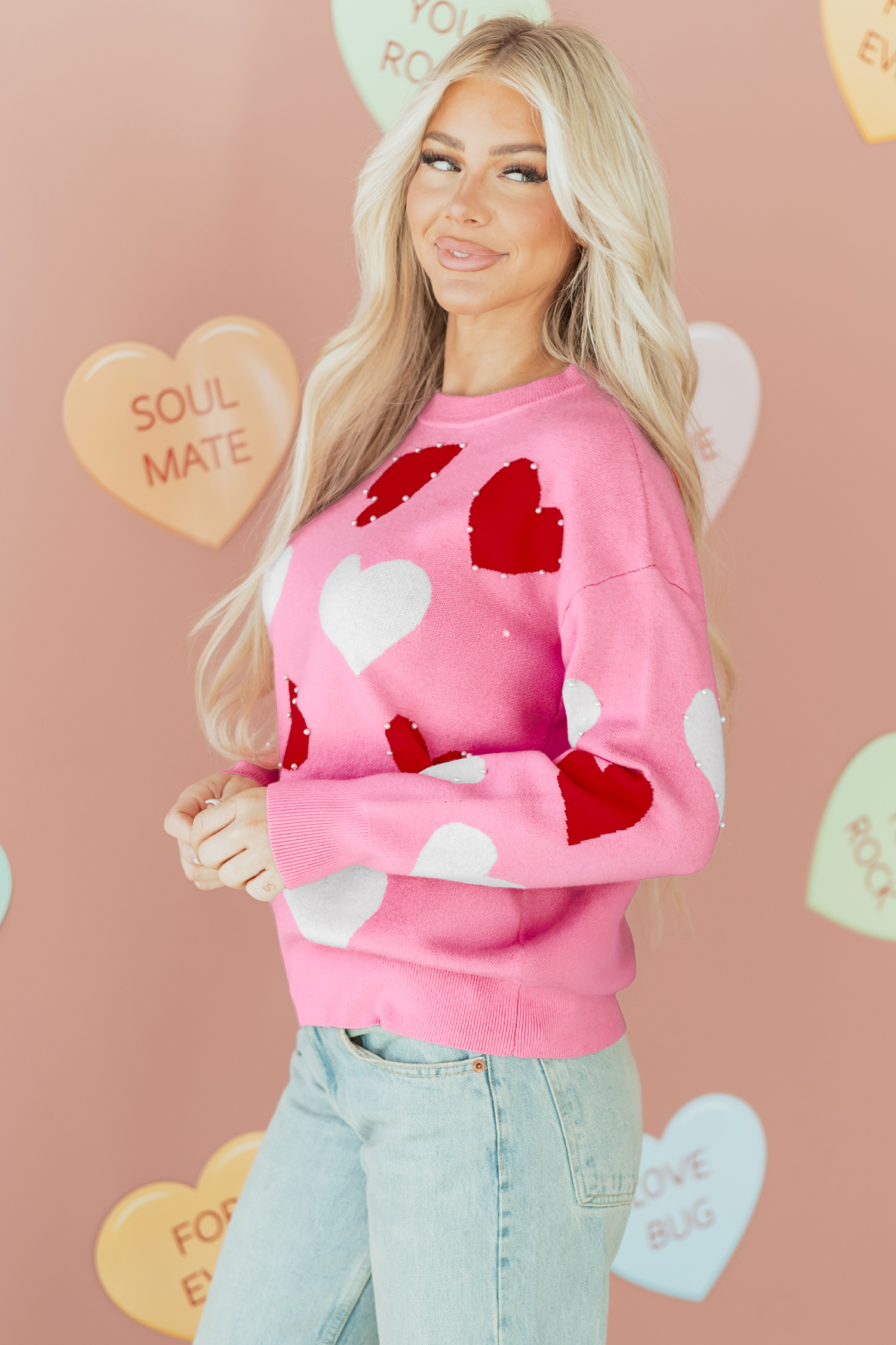 Pink Pearl Embellished Heart Pattern Valentines Day Sweater - loveforevers
