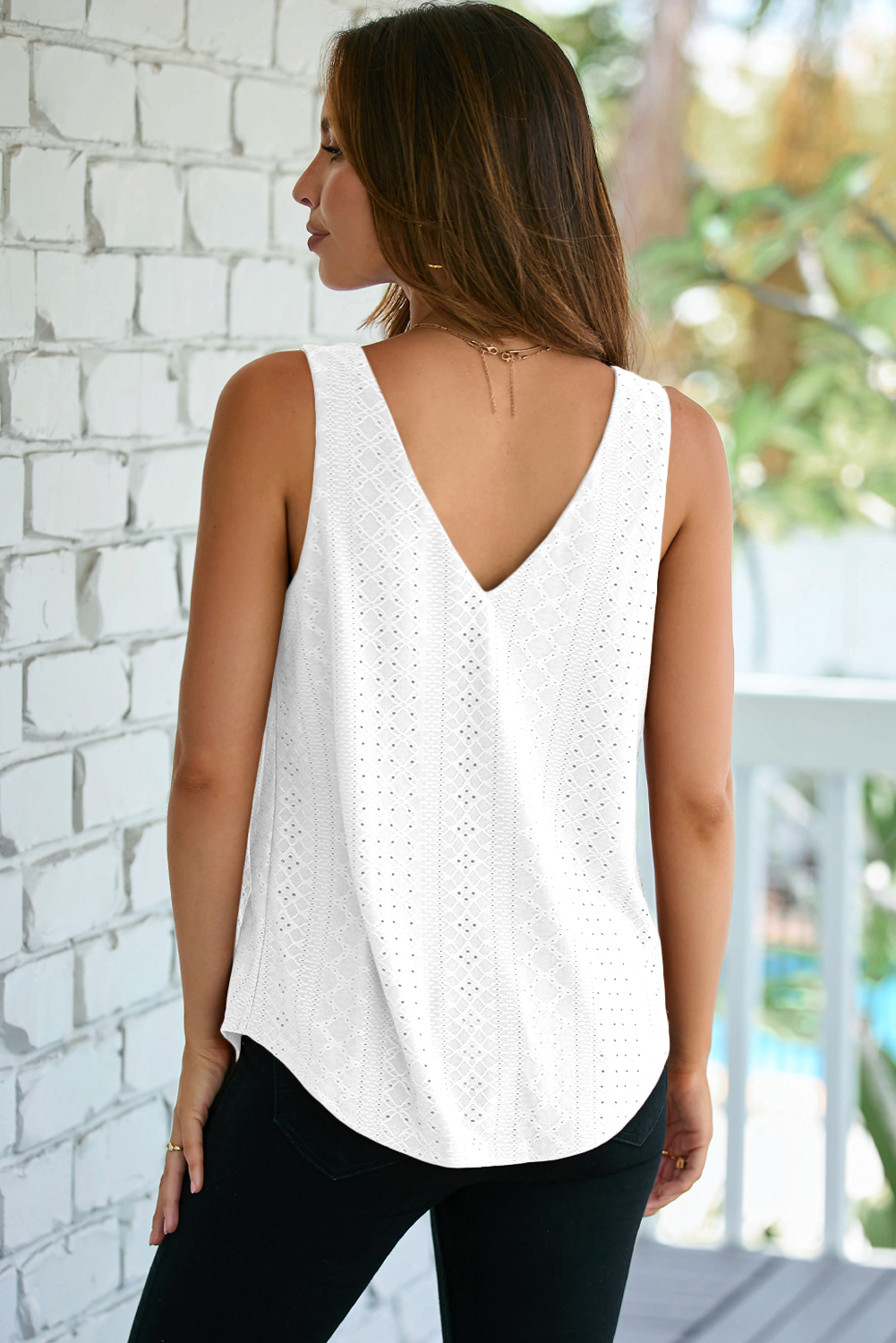 Coffee Eyelet Knit Patterned Loose V Neck Tank Top - loveforevers